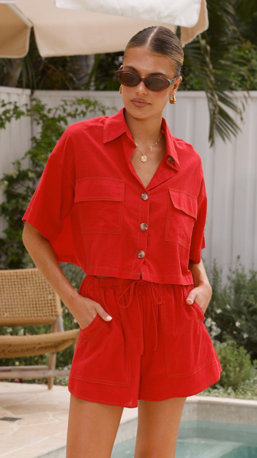 Bridgette Cropped Shirt and Shorts Set - Women's Summer Outfit in Red | Casual Streetwear, Beach Vacation, and Party Wear
