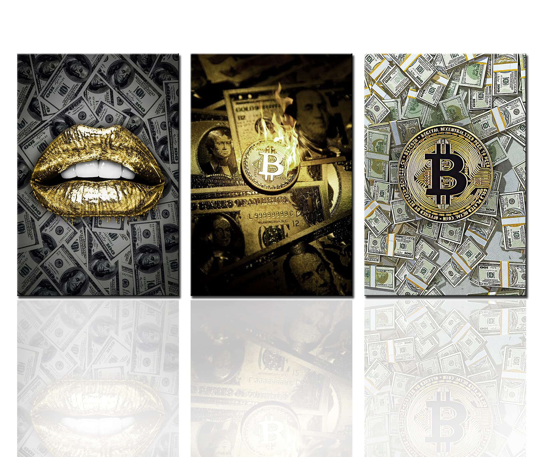 Tucocoo Motivational Canvas Wall Art - 3 Piece Set with Wooden Frame, Lips & Fire Money Dollar Design, Inspirational Home Decor for Bedroom, Man Cave & Office - Ready to Hang 60x28 Inches - Perfect for Modern Living Room, Dorm & Apartment Wall Decor
