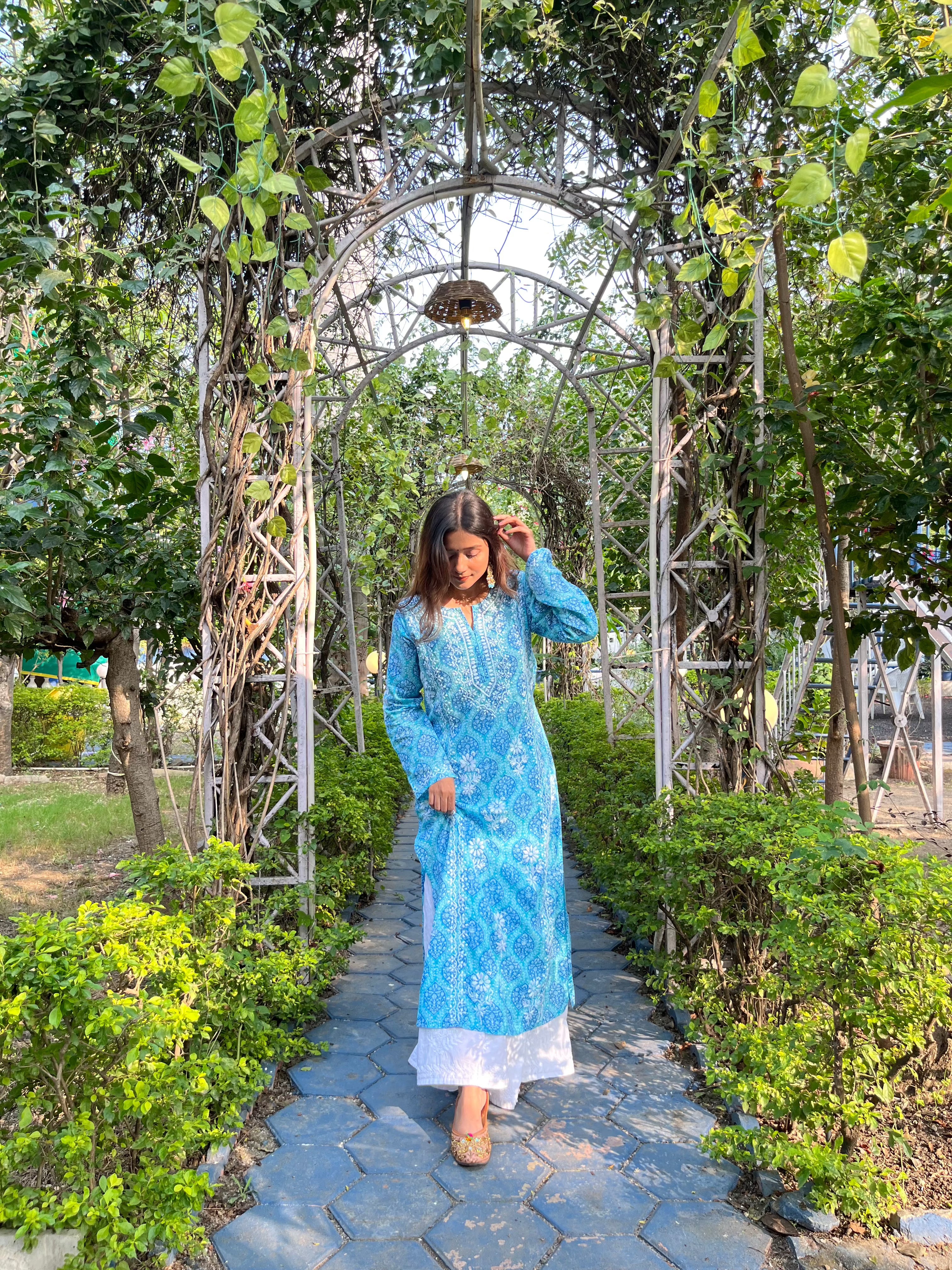 Shreya Fizaa Chikankari Kurta - Blue Printed Mul Cotton Indian Ethnic Wear for Women | Perfect for Festivals, Weddings & Casual Outings