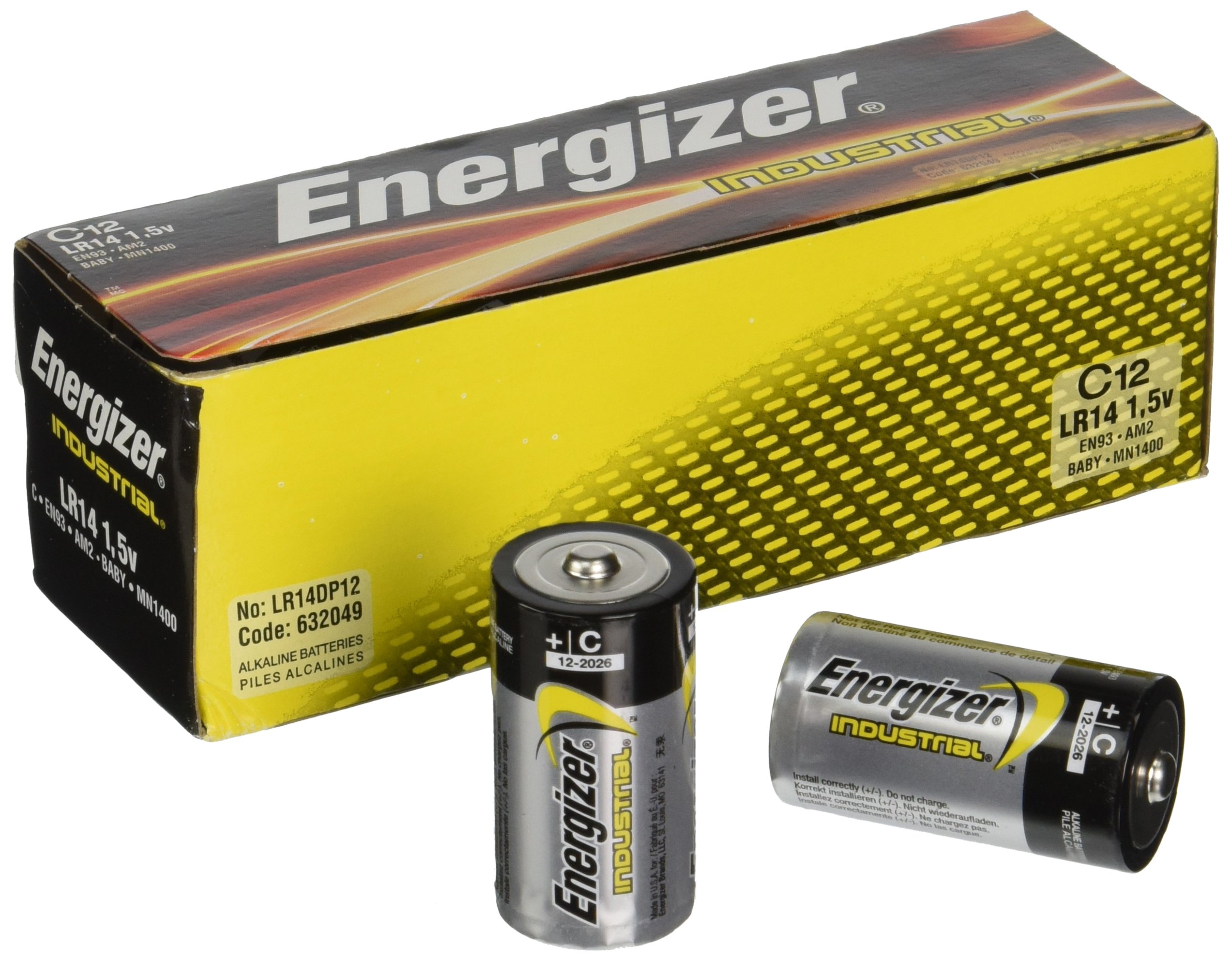 Energizer C Alkaline Industrial Batteries - 12 Pack | Long-Lasting Power for Flashlights, Toys & Electronics | Bulk Batteries for Home & Office Use
