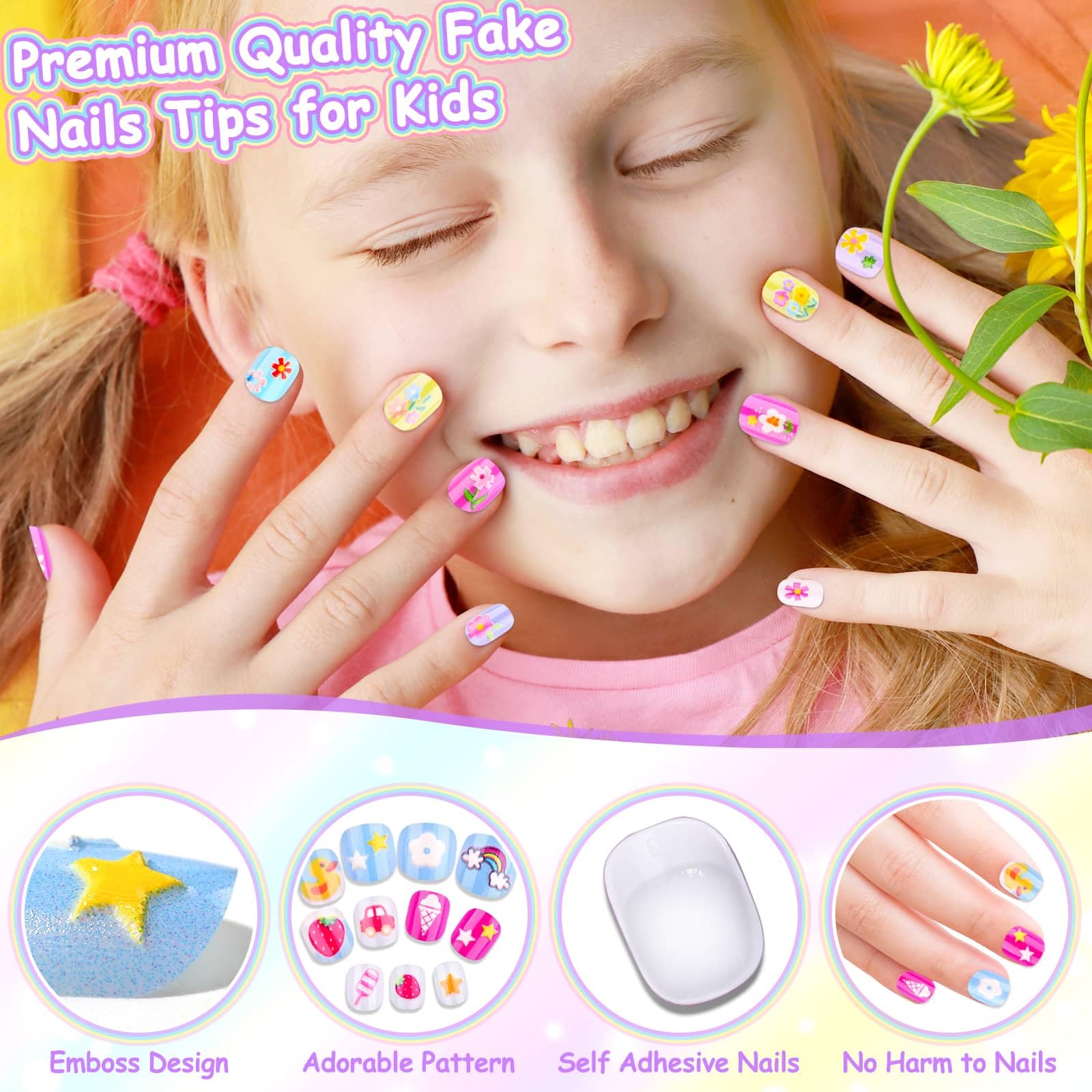 144-Piece Kids Press-On Nails Kit - Short Fake Nails for Girls, Full Cover Stick-On Nail Tips - Perfect for Sleepovers, Spa Parties, Valentine's Day Gifts & DIY Manicures at Home