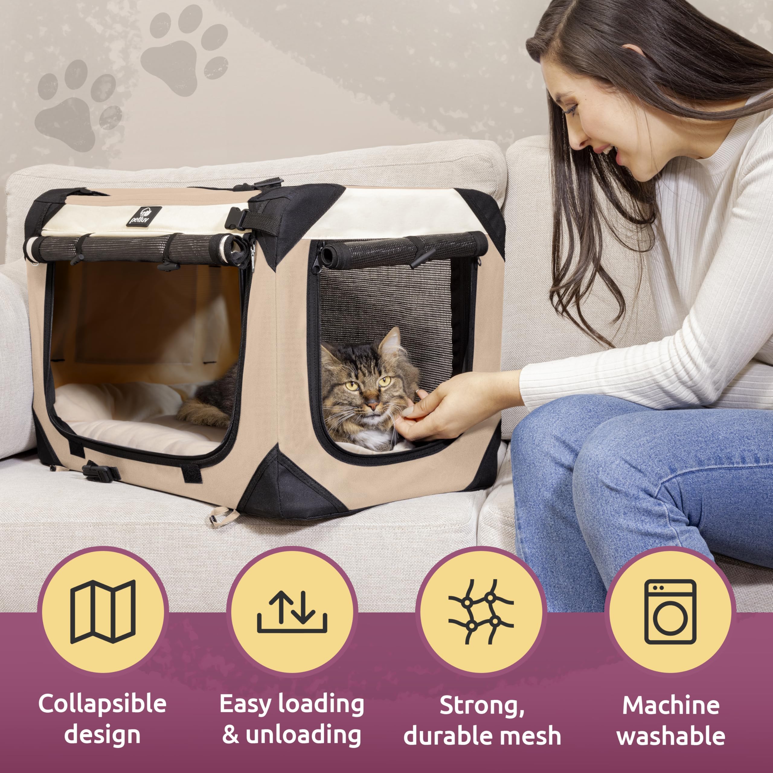 Large Soft-Sided Collapsible Pet Carrier for 2 Cats or Medium Dogs - Portable Travel Bag with Locking Zippers & Comfortable Bed (Tan) - Perfect for Airplane Travel, Vet Visits & Road Trips