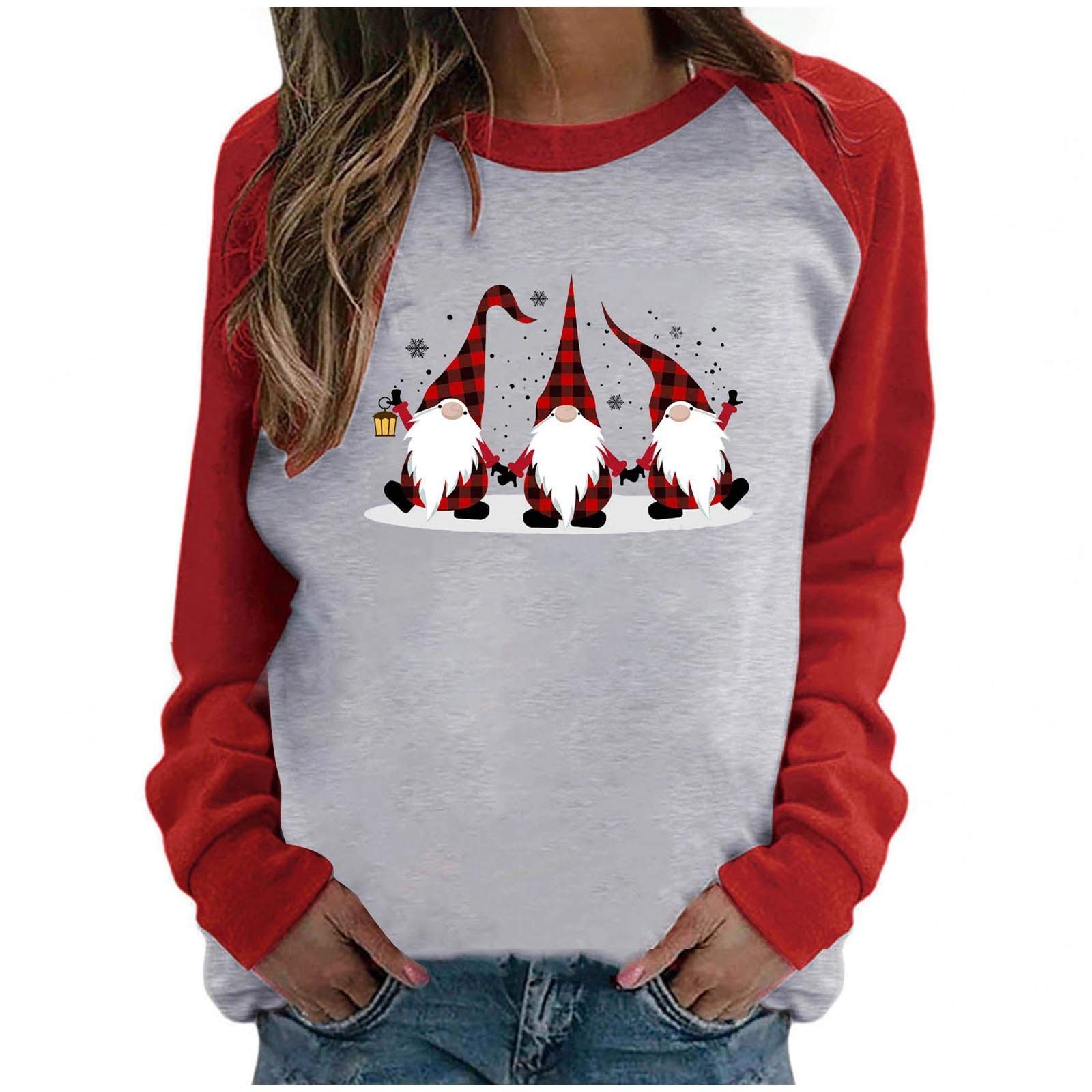 Women's Christmas Gnome Print Long Sleeve Pullover Sweatshirt - Casual Holiday Patchwork Blouse for Xmas Party, Gift Exchange & Winter Outfits