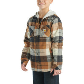 Carhartt Youth Boys Long Sleeve Flannel Button Down Hooded Shirt Jacket - Warm Brown Plaid for Outdoor Activities & Casual Wear