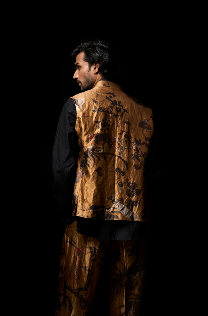 Elegant Beige Silk Brocade Vest with Zig Zag Pattern - Perfect for Weddings, Parties & Formal Occasions
