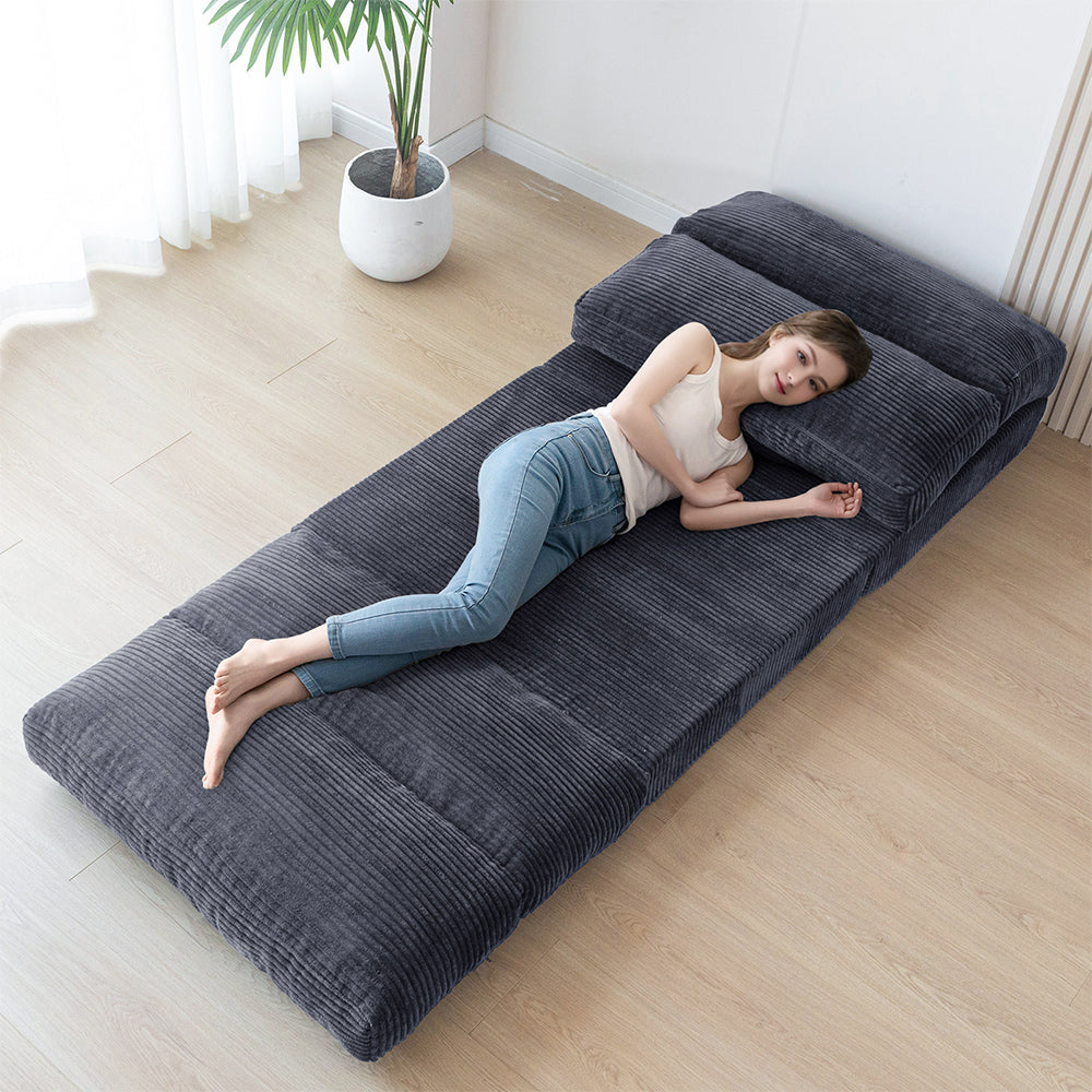MAXYOYO Folding Sofa Bed - Extra Wide Corduroy Floor Sofa for Small Spaces, Dark Grey | Convertible Guest Bed & Lounge Chair for Apartments, Dorms & Living Rooms