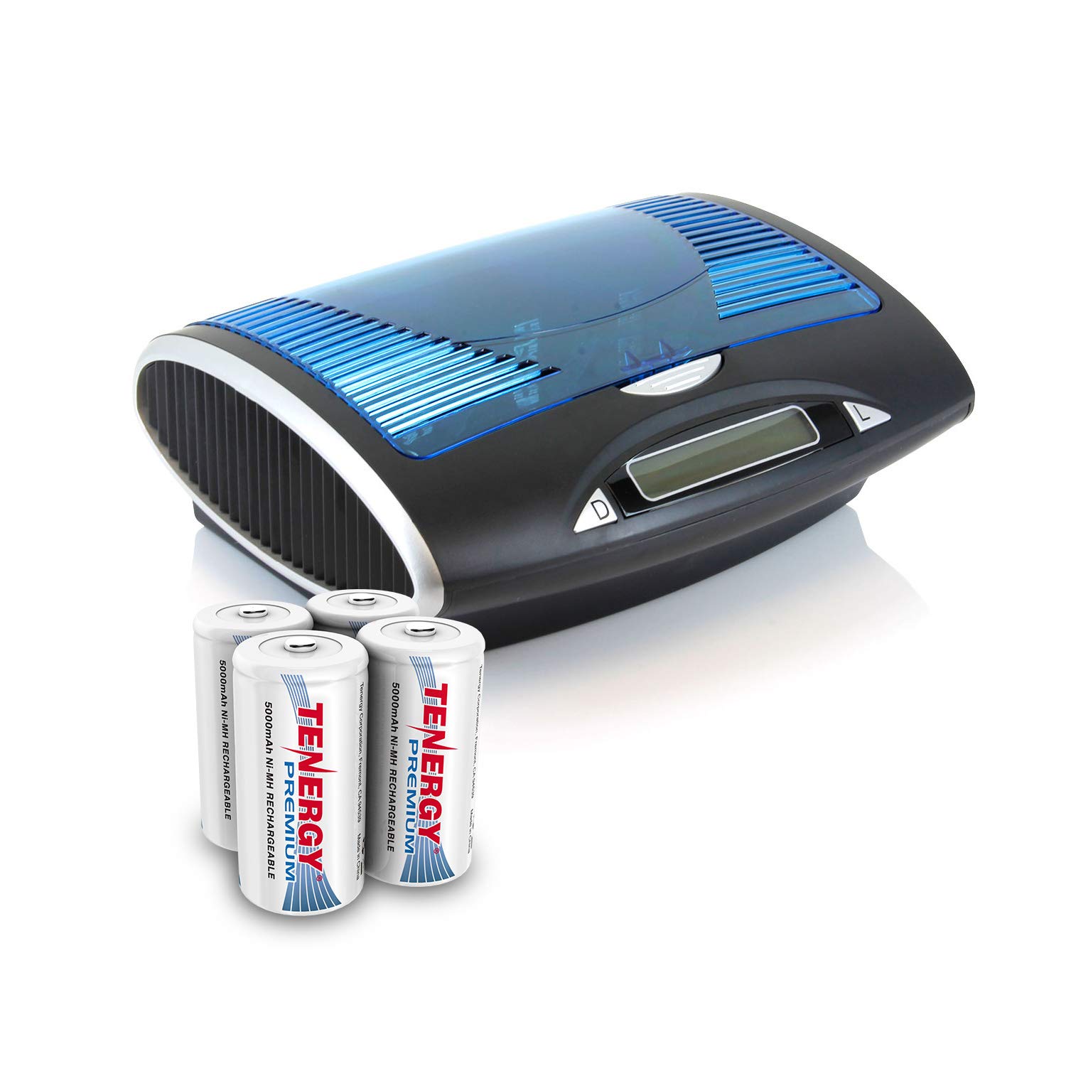Tenergy Premium Rechargeable C Batteries 4-Pack with T9688 LCD Smart Charger for NiMH/NiCd AA/AAA/C/D/9V Batteries - Ideal for Flashlights, Toys, and Home Electronics