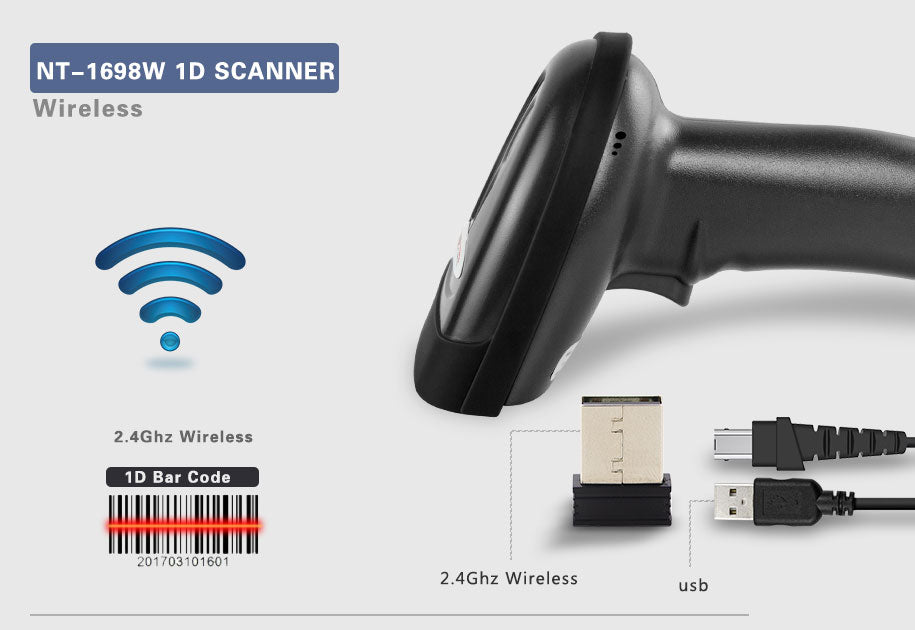 NT 1698W Wireless Bluetooth Barcode Scanner - High-Speed 1D Laser Scanning for Retail, Warehouse & Inventory Management (USB Rechargeable)