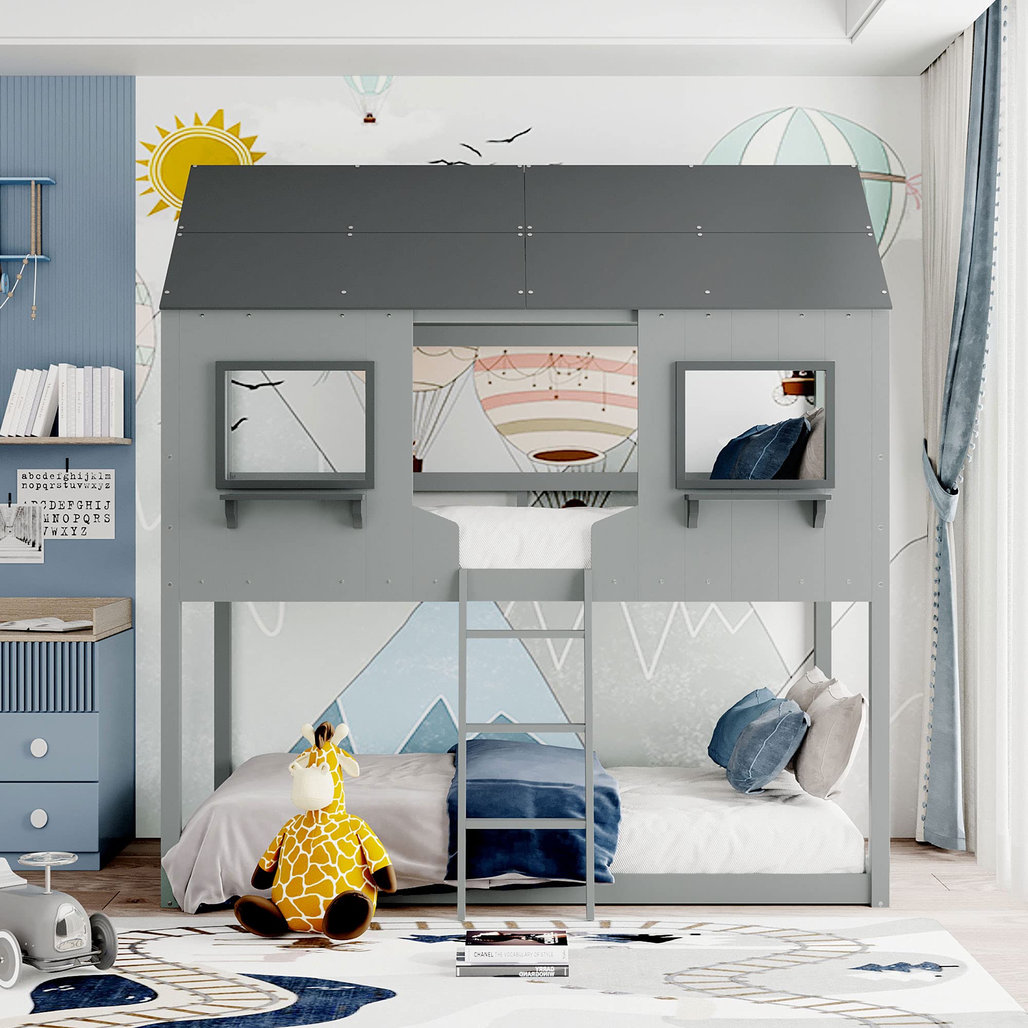 LZ LEISURE ZONE Twin Over Twin Wood Bunk Bed Frame with Roof, Window, Guardrail & Ladder - Dark Grey | Space-Saving Kids Bedroom Furniture for Small Rooms, Sleepovers & Shared Sibling Rooms
