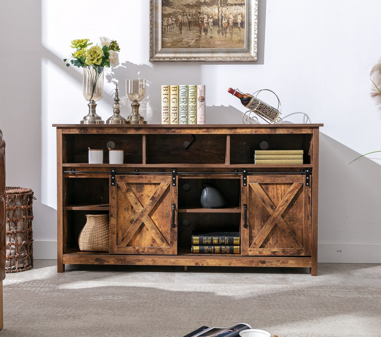 Rustic Farmhouse Coffee Bar Cabinet with Sliding Barn Door & Power Outlet - Buffet Server Sideboard Storage Cupboard for Dining Room, Kitchen, Entryway - Perfect for Coffee Stations, Home Bars & Kitchen Organization (Rustic Brown)