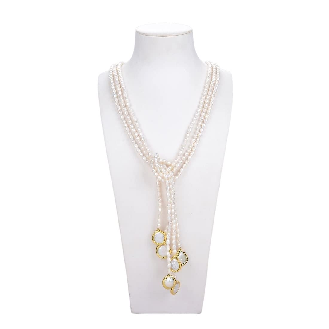 SHunTAO 3-Row Pearl Lariat Necklace - 50in for Sweaters & Dresses