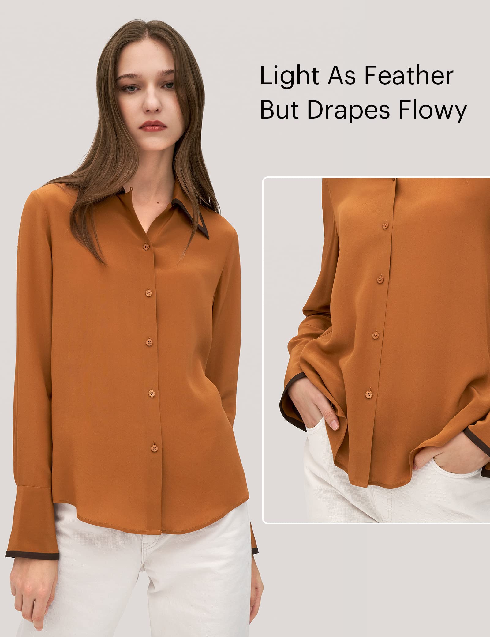 Luxury LilySilk Silk Blouse for Women - Elegant Contrast Piping Willow Shirt Tops | Perfect for Office Wear, Date Night & Special Occasions