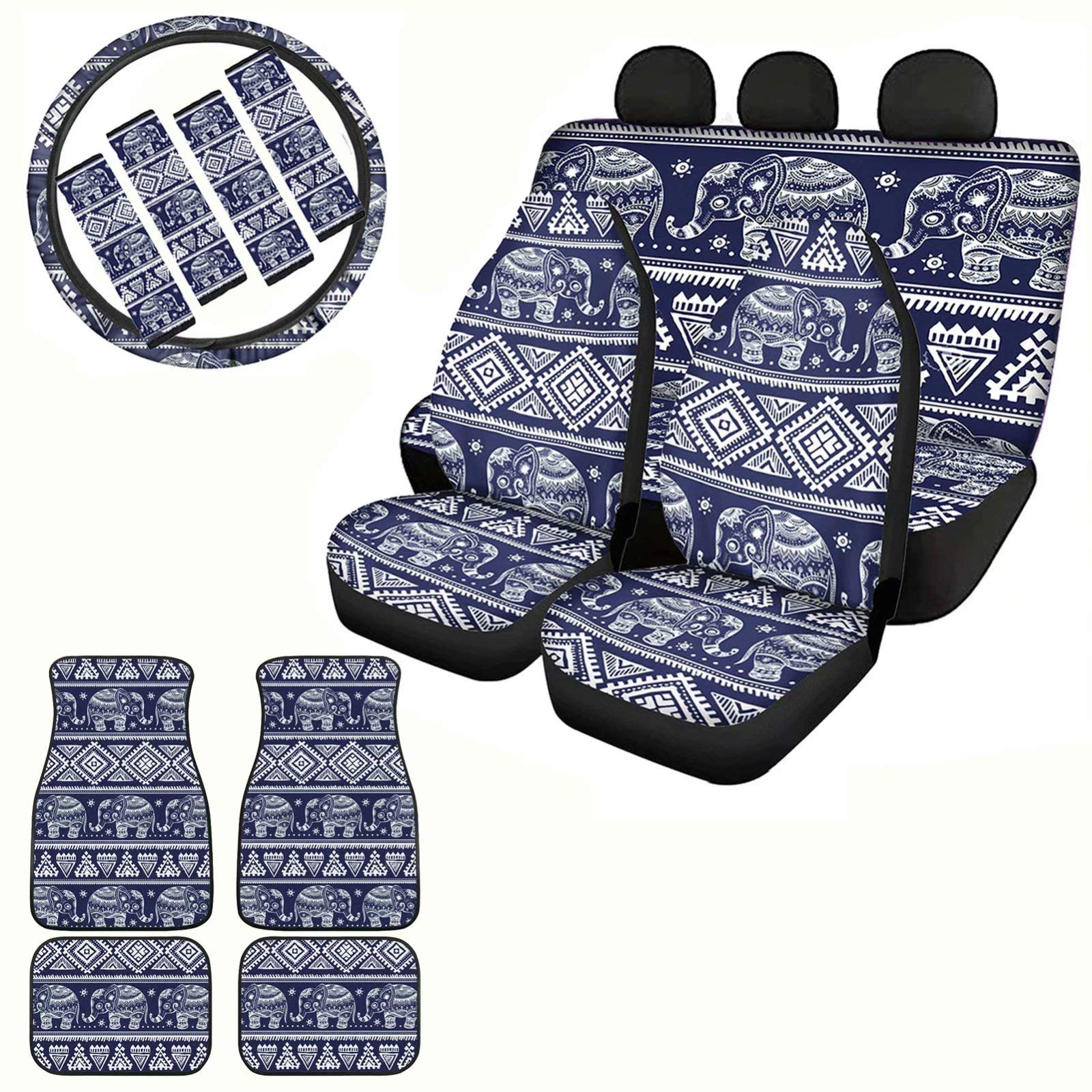 Boho Aztec Elephant Print Car Seat Covers Set of 12 with Steering Wheel Cover & Floor Mats - Universal Fit for Most Vehicles | Hippie Style Car Accessories for Road Trips & Daily Commute