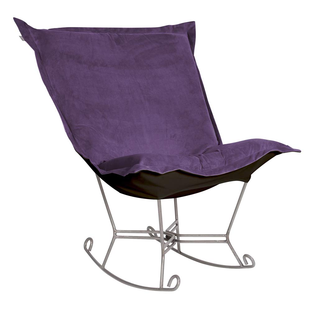 Howard Elliott Scroll Puff Rocker Seating Chair with Removable Cover - Titanium Frame Butterfly Chair for Patio, Camping, Indoor & Outdoor Use - Multipurpose Accent Furniture for Living Room, Garden, and Poolside - Bella Eggplant Color
