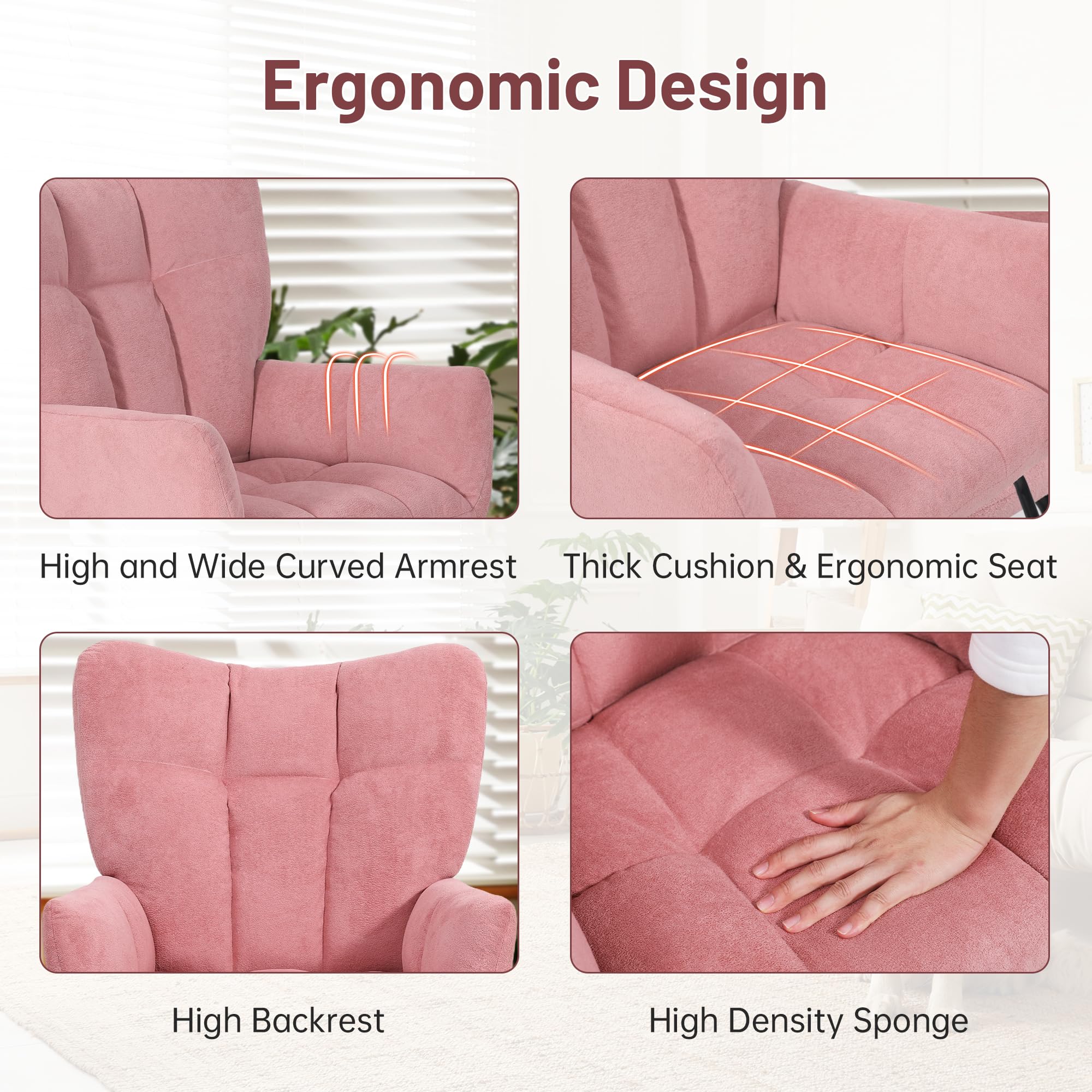 Comfortable Nursery Rocking Chair with Overstuffed Foam Seat & High Back - Pink Glider Chair for Nursery, Bedroom, Living Room | Perfect for Breastfeeding, Reading & Relaxing