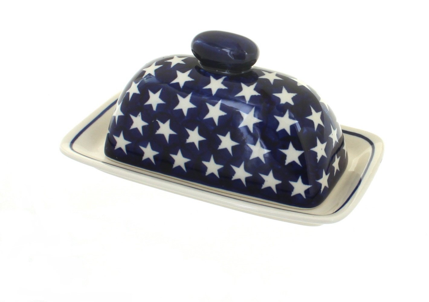 Blue Rose Polish Pottery Stars Butter Dish - Handmade Ceramic Butter Keeper with Lid - Perfect for Kitchen, Dining Table, and Gift Giving