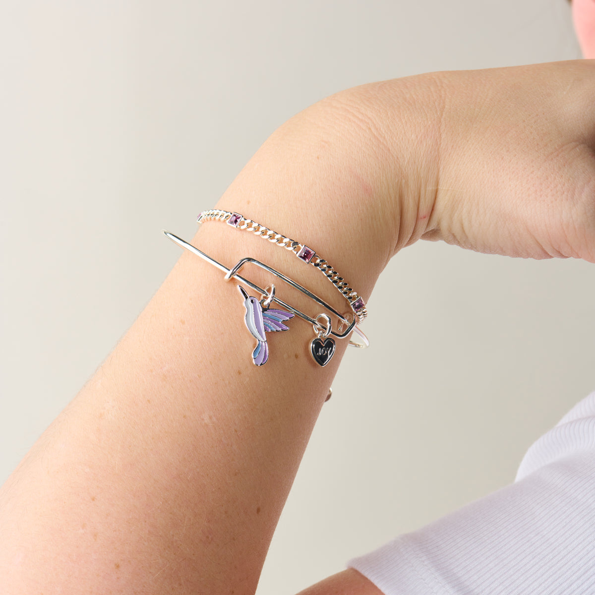 Joy Hummingbird Duo Charm Bangle Bracelet - Elegant Jewelry for Women, Perfect Gift for Mother's Day, Anniversary & Special Occasions