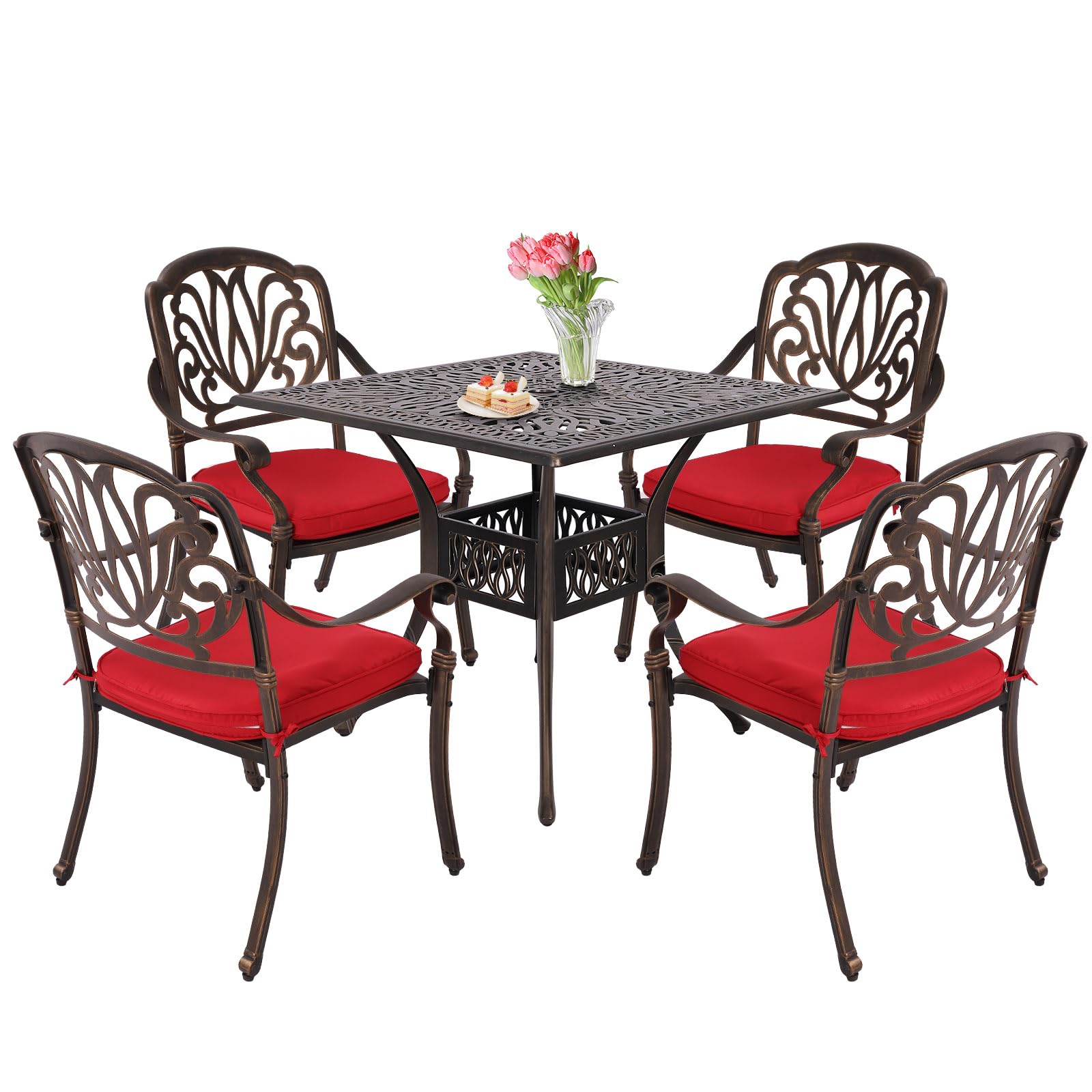 Grepatio 5-Piece Cast Aluminum Outdoor Dining Set - 4 Chairs with Cushions & 35.4