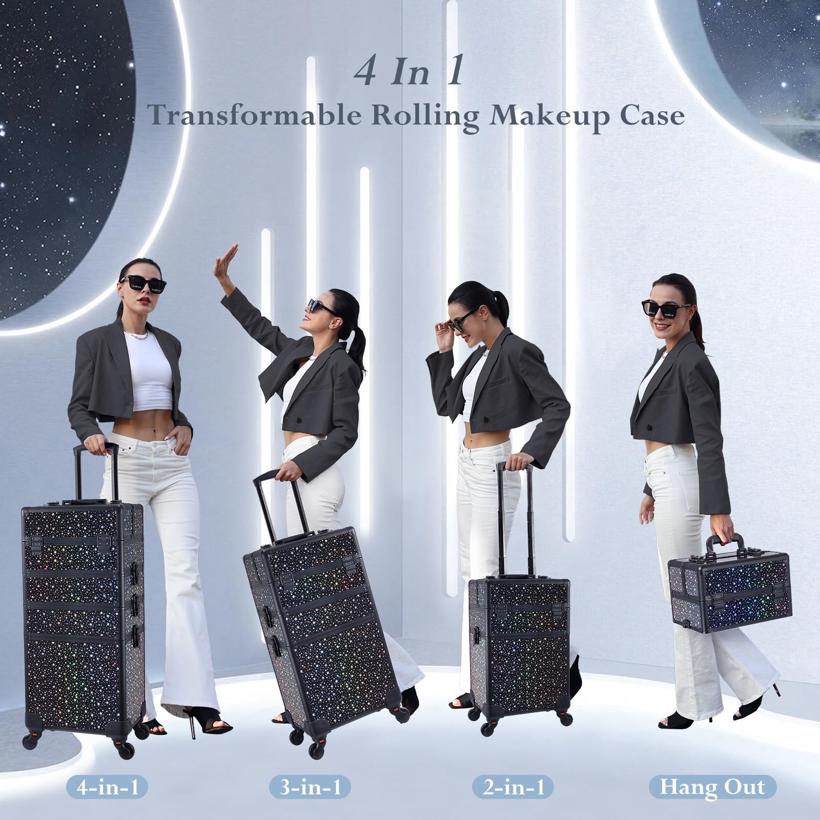 Stagiant 4-in-1 Rolling Makeup Case with Brush Waist Bag - Professional Cosmetic Trolley for Salon, Barber & Travel - Black Star Design - Perfect for Mobile Makeup Artists & Beauty Professionals On-The-Go