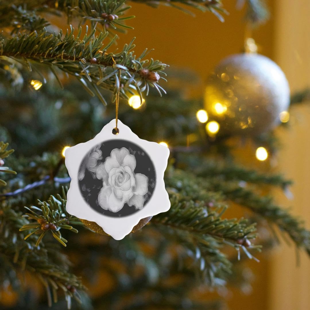 3D Black and White Rose Snowflake Christmas Ornament - 3 Inch Holiday Tree Decoration for Xmas, Winter, and Home Decor