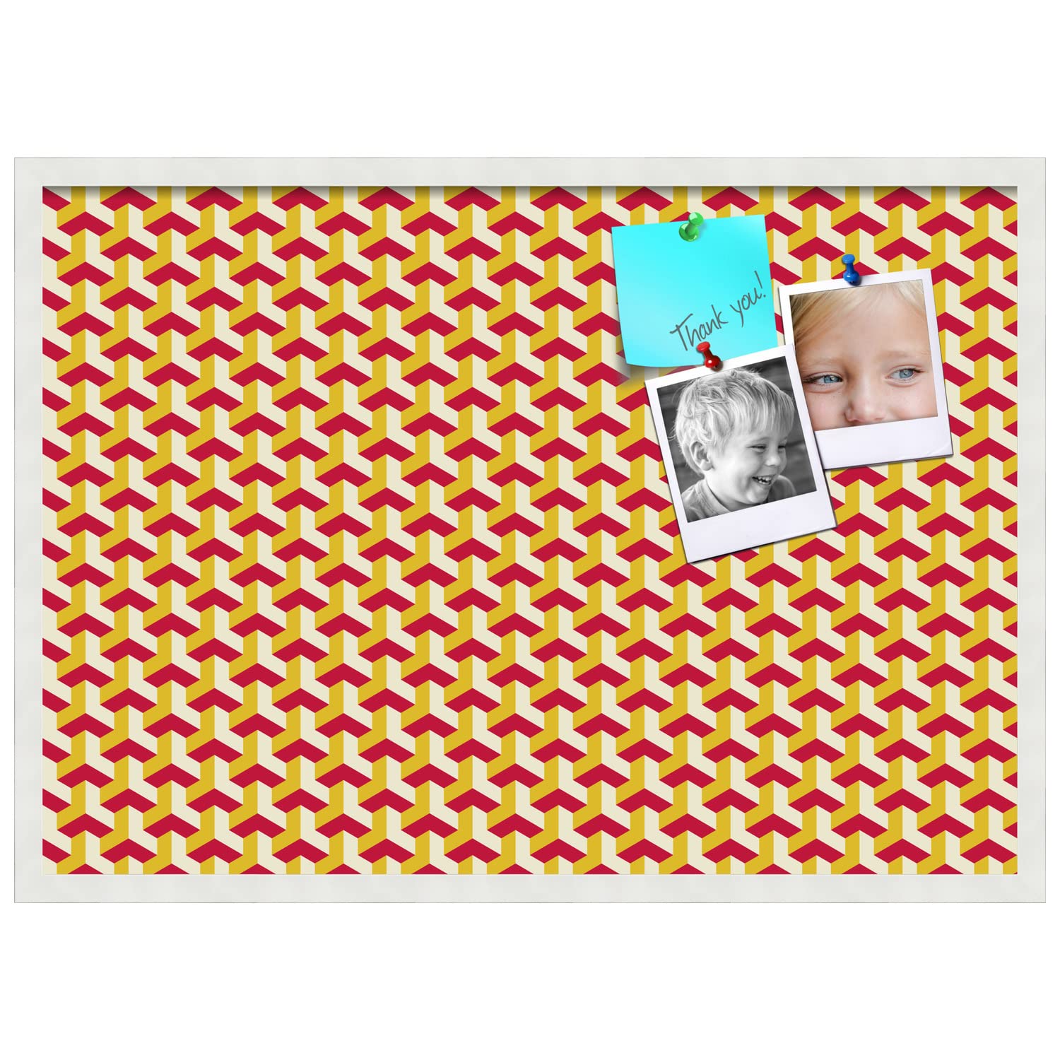 PinPix 34x24 Inch Cork Bulletin Board with Red Gold Design & White Frame - Decorative Pin Board for Home Office School - Perfect for Notes, Photos, and Memos (PinPix-1533)