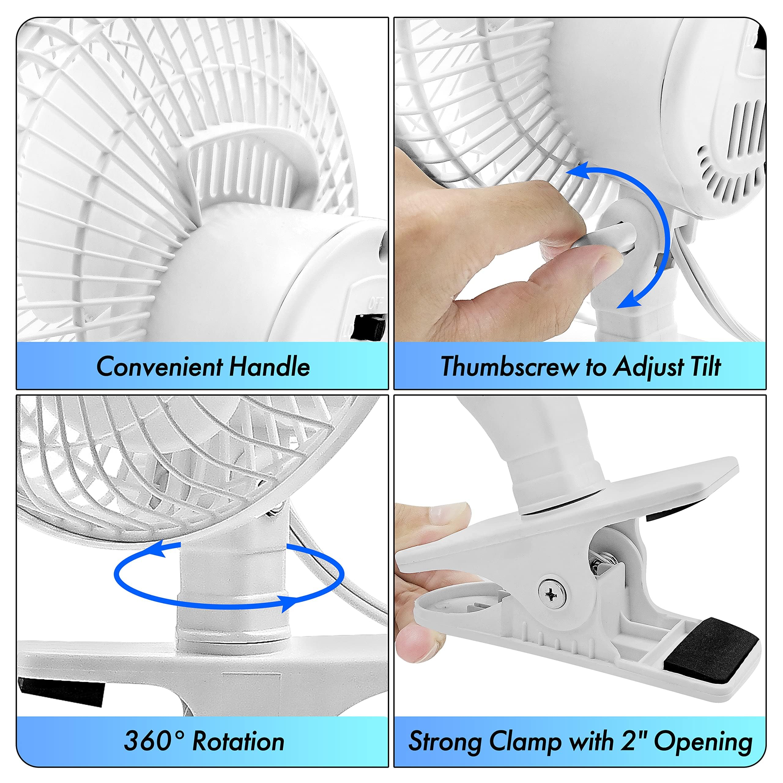 6 Inch Portable Clip on Fan - Adjustable Tilt, Quiet 2-Speed Electric Mini Desk Fan for Home, Office, Dorm | 6.53 ft/sec Airflow | Perfect for Bedroom Cooling, Workspace Ventilation & Personal Air Circulation