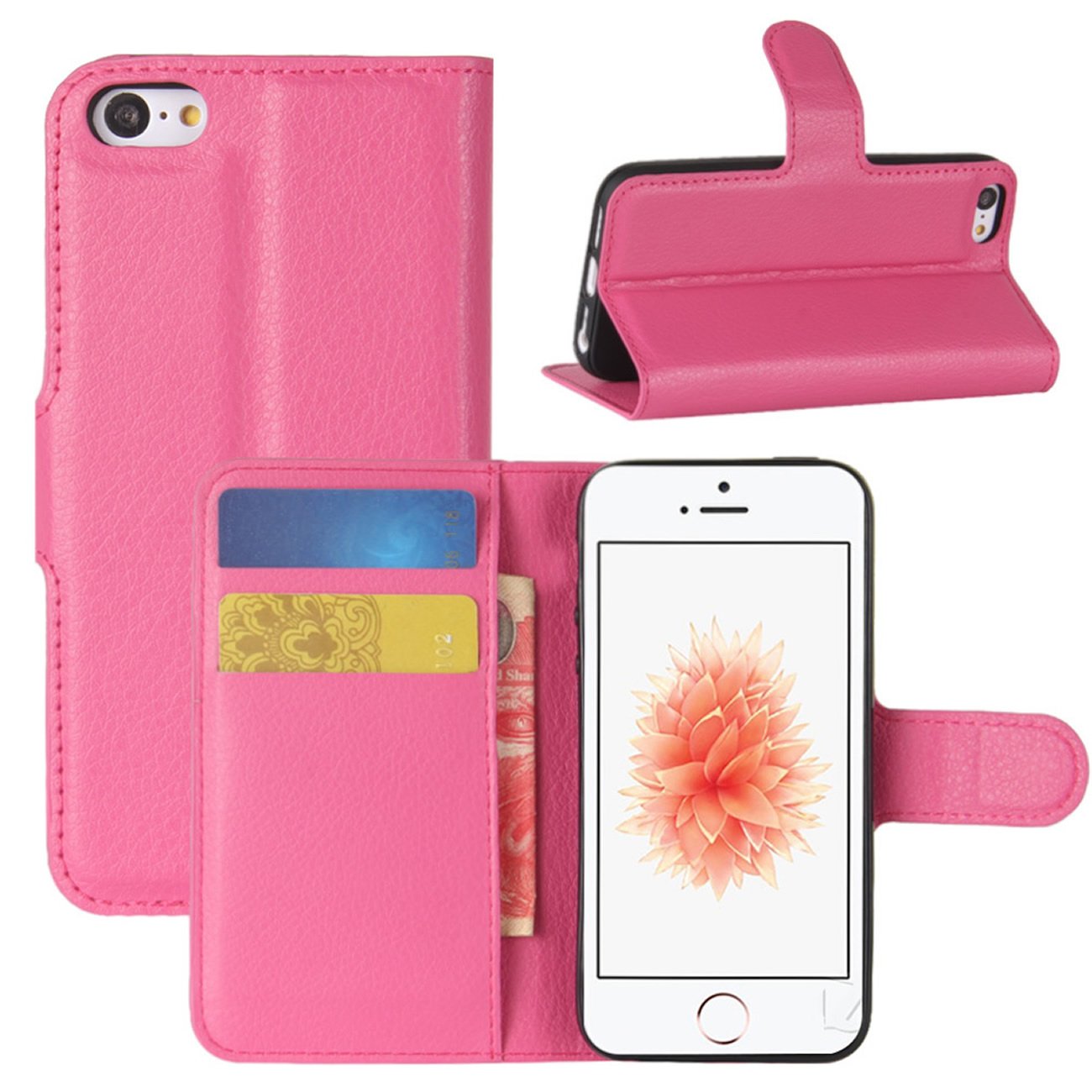 Premium PU Leather Wallet Flip Case for iPhone SE/5S/5 - Slim Protective Cover with Card Slots & Magnetic Closure (Rose) | Perfect for Daily Use, Travel & Business Meetings