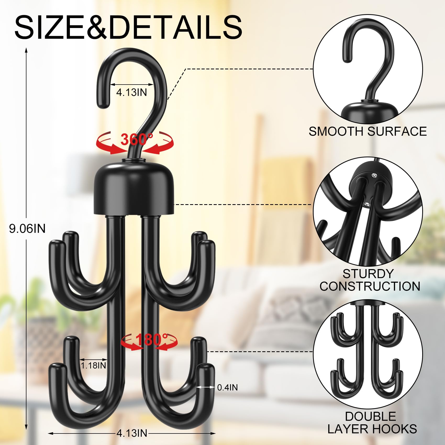 3Pcs Rotatable Bra & Tank Top Hangers - Space Saving Closet Organizer with 72 Storage Capacity - Plastic Belt & Tie Hanger for Apartment, Dorm Essentials (Black) | Perfect for Small Spaces & Wardrobe Organization