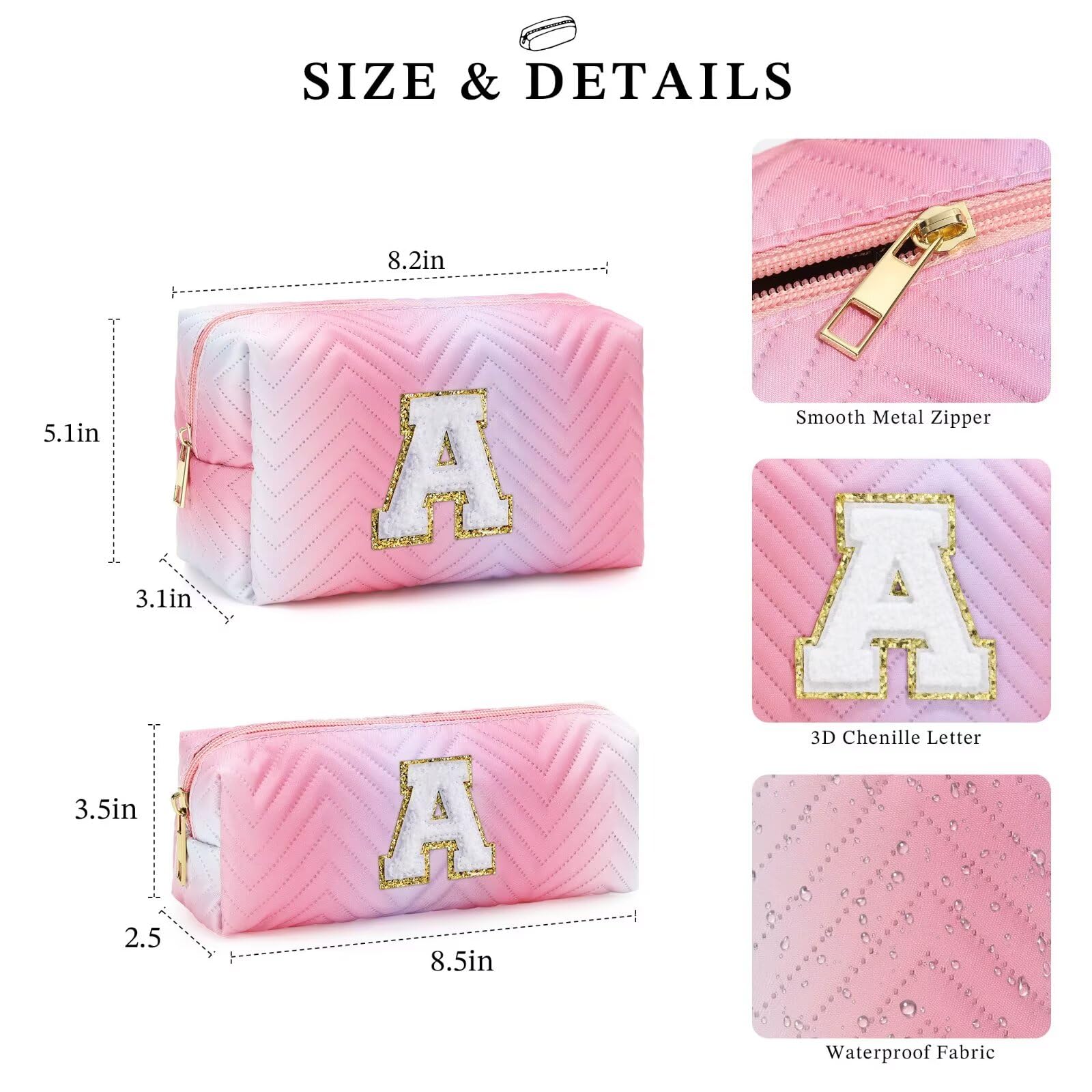 YOOLIFE Personalized Initial Pink Makeup Bag - Cute Cosmetic Pouch & Travel Toiletry Organizer for Women | Perfect Birthday Gift for Her, Mom, Wife, Girlfriend & Bridesmaid | Great for Travel, Daily Makeup Storage & Gift Giving Occasions