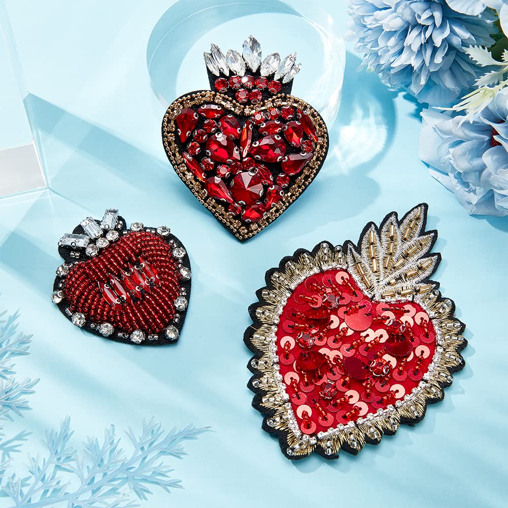 INFUNLY 3pcs Heart Rhinestone Bead Patch - Red Crystal Sew On DIY Decorative Patches for Dress, Jeans, Jackets & Handbags - Handmade Bling Applique for Fashion & Craft Projects