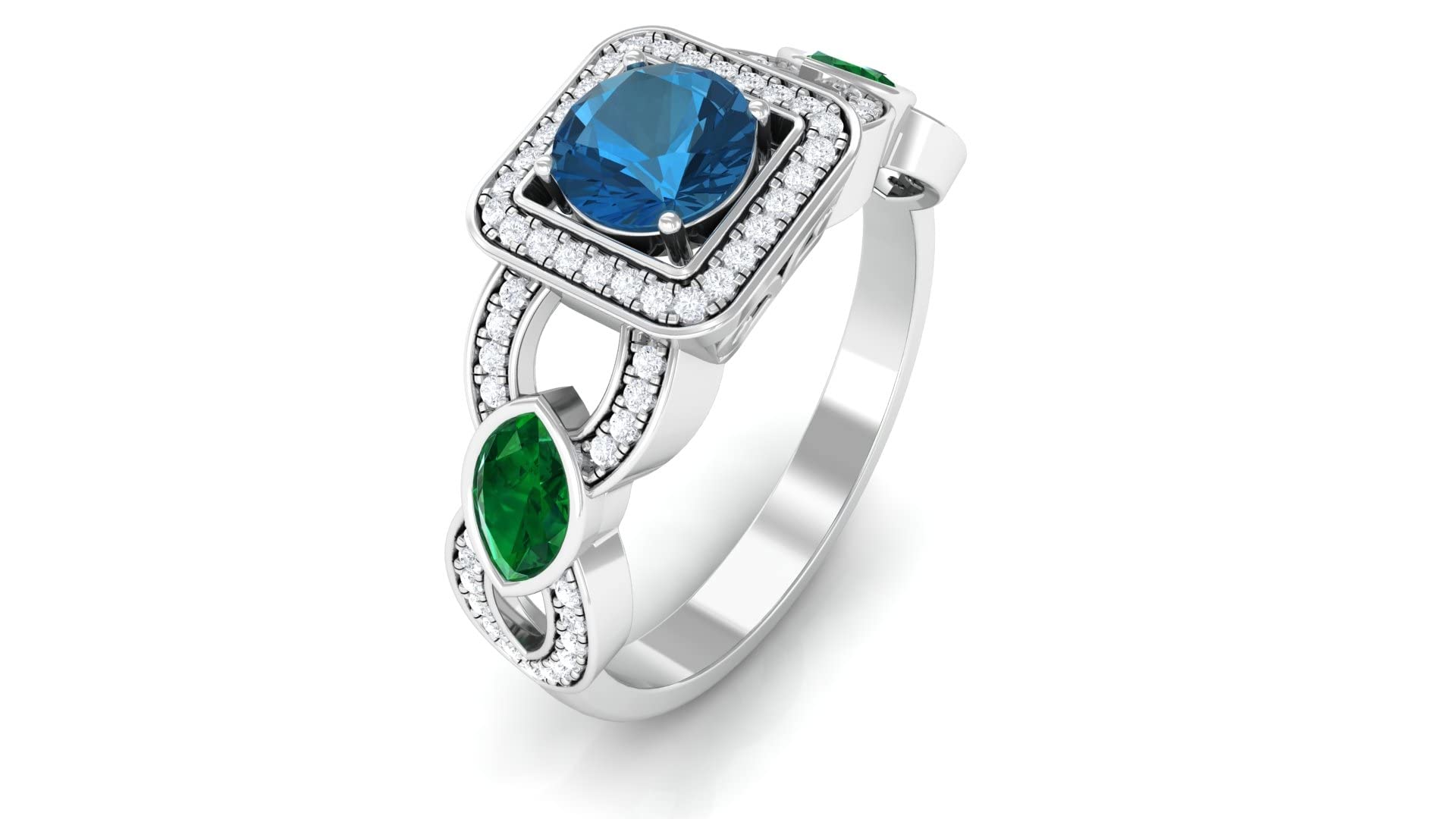 1 CT London Blue Topaz Ring with Created Emerald & Moissanite - 14K Solid Gold Vintage Crossover Ring for Women - Perfect for Engagement, Anniversary & Special Occasions