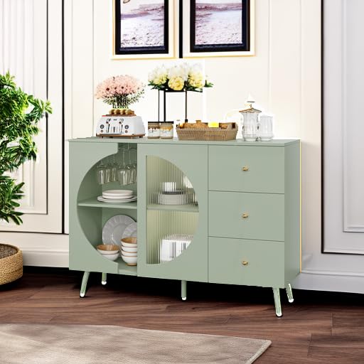 Modern Cream Coffee Bar Cabinet with Fluted Glass Door & Wine Glass Rack - Buffet Sideboard with Storage Drawers for Living Room, Kitchen or Dining Room - Elegant Green Home Furniture for Entertaining & Display