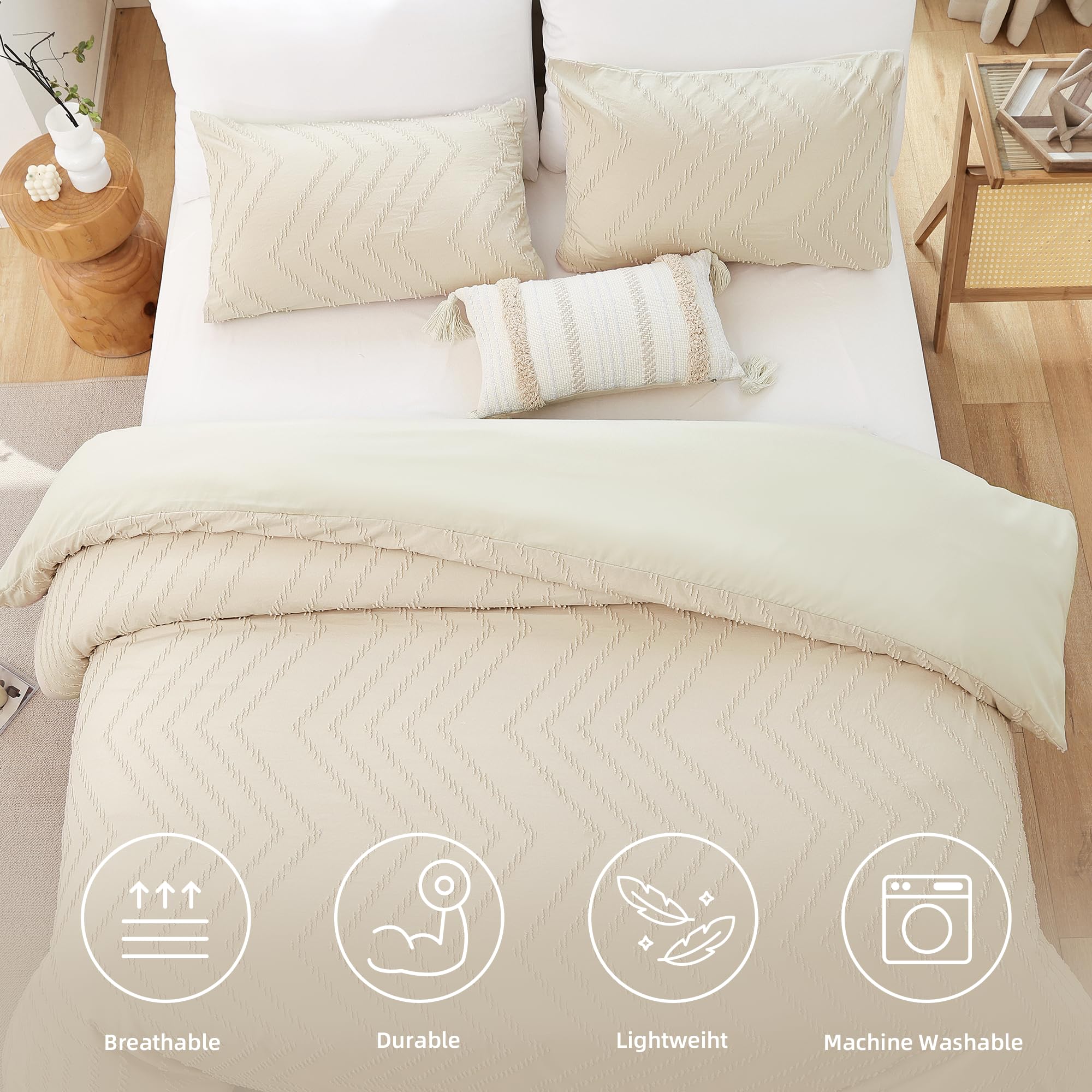 YIRDDEO Beige Queen Size Comforter Set 3Pcs - Boho Chevron Tufted Cream Bedding Set, Farmhouse Lightweight Neutral Comforter with 2 Pillowcases | Perfect for Master Bedroom, Guest Room & Cozy Home Decor