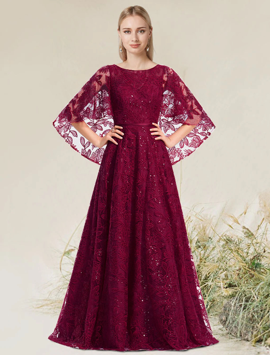 Elegant A-Line Floral Lace Applique Formal Evening Dress for Wedding Guest, Birthday Party, Prom - Jewel Neck, Short Sleeve, Floor Length Gown for Special Occasions