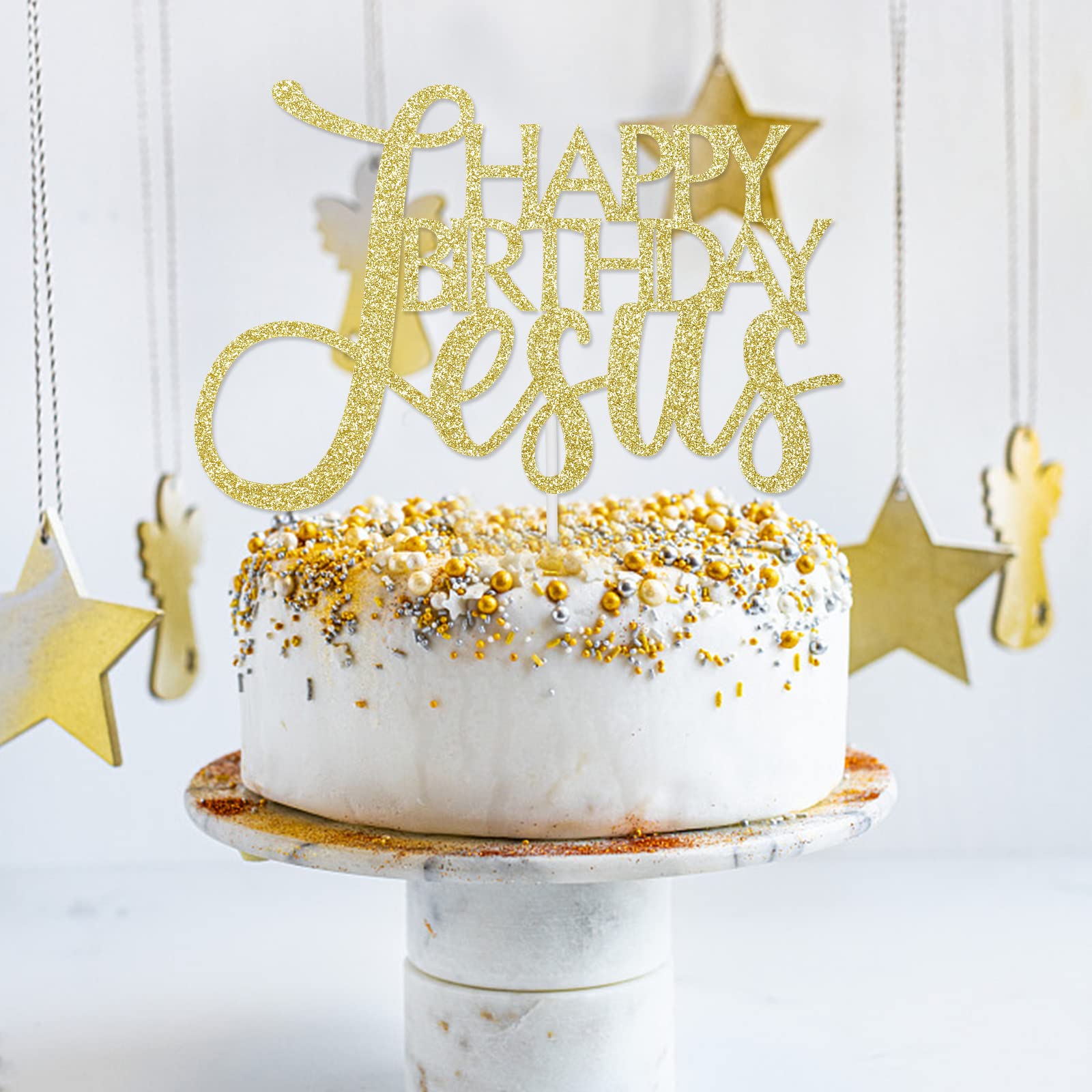Gold Glitter Happy Birthday Jesus Cake Topper - Nativity Scene Christmas Cake Decorations | Jesus is Reason for the Season | Perfect for Christmas Birthday Parties, Church Celebrations & Holiday Gatherings