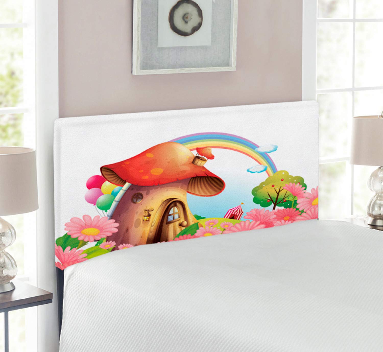 Ambesonne Mushroom Headboard - Upholstered Decorative Metal Bed Headboard with Memory Foam, Twin Size, Multicolor Floral Fantasy Design | Perfect for Kids' Bedrooms, Nursery Decor & Whimsical Themed Spaces