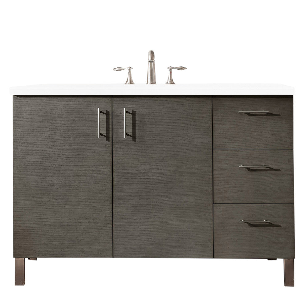 Metropolitan 48 Inch Single Bathroom Vanity Set with Silver Oak Finish & 3CM Classic White Quartz Countertop - Perfect for Modern Master Bathrooms and Guest Suites