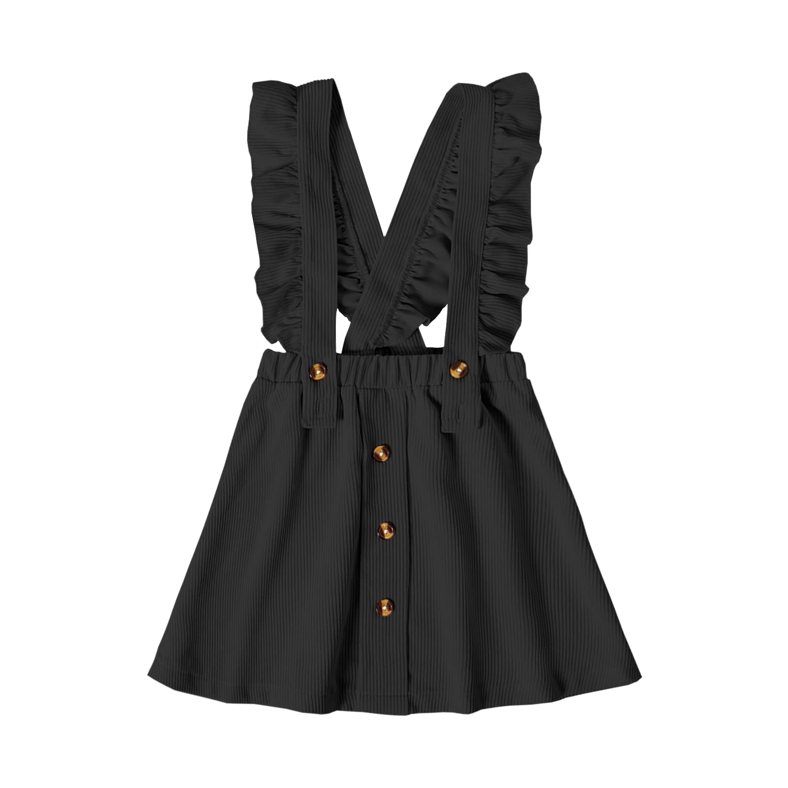 Girls' Button Front Ruffle Dress with Criss Cross Back & Elastic Waist - Stylish Solid Overall Suspender Skirt for School, Parties, and Special Occasions