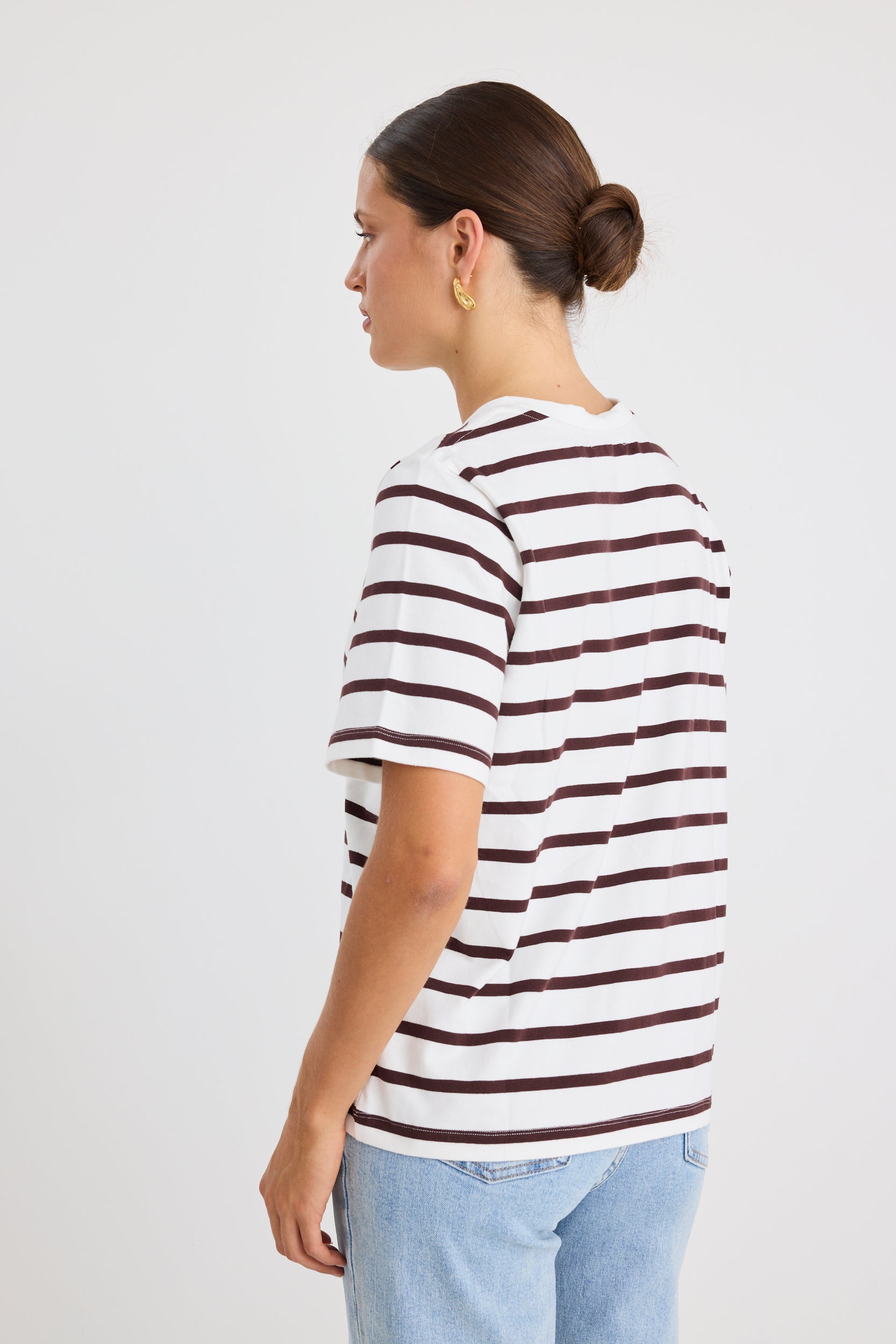 White Stripe Boxy Fit Tee - Soft Cotton Women's T-Shirt for Casual Wear & Street Style | Chocolate Binding Detail