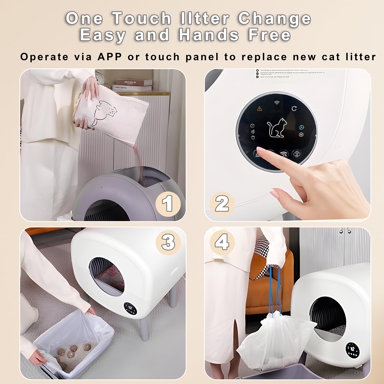 Self Cleaning Cat Litter Box - 100L Automatic Kitty Litter Box for Multiple Cats with Built-in Ambient Light, Double Odor Removal & Safety Protection, App Control - Includes 2 Rolls Liners Bags & Mat - Perfect for Busy Pet Owners & Multi-Cat Households