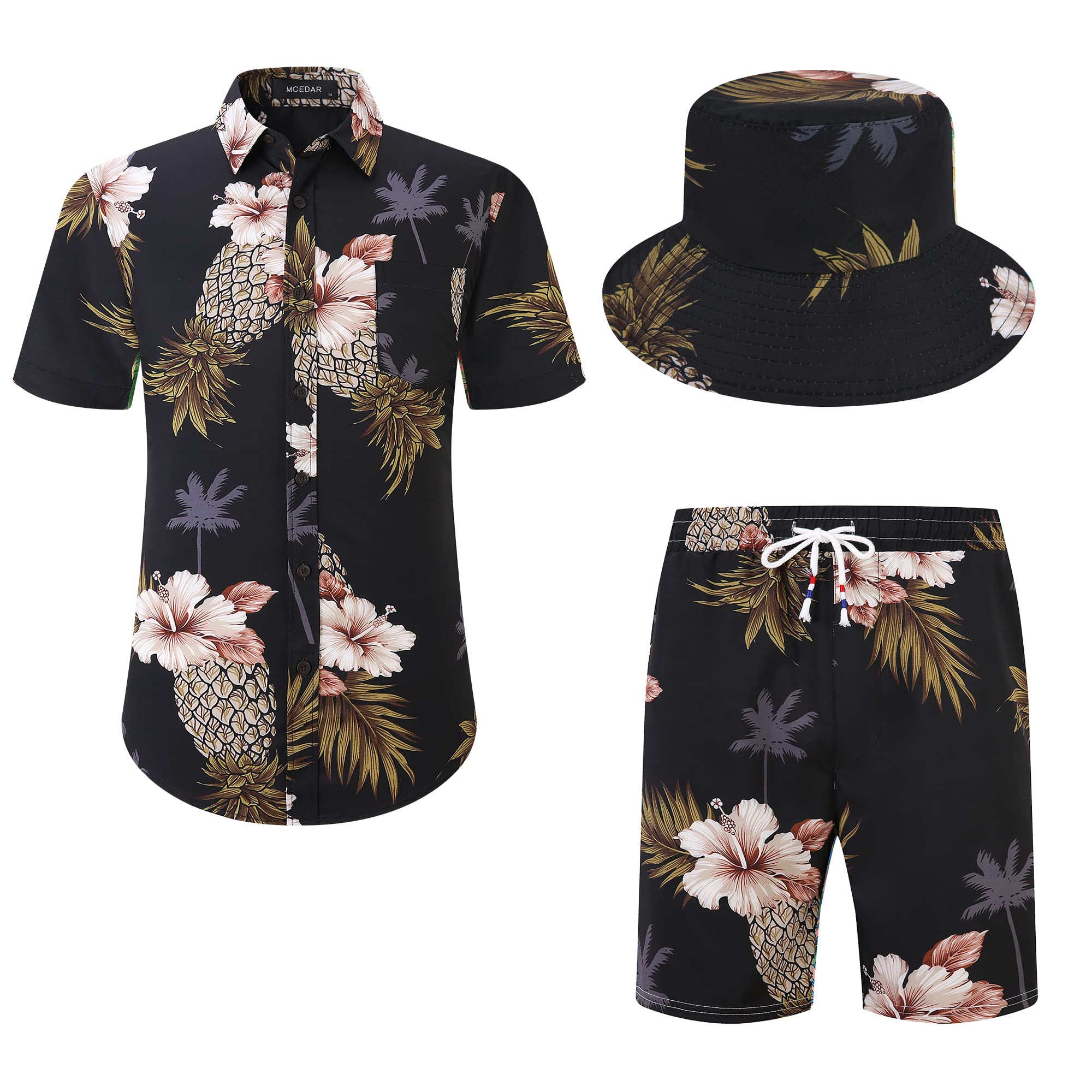 MCEDAR Men's & Boys' Hawaiian Shirt and Shorts Set with Bucket Hat - 3 Piece Tropical Matching Family Outfit for Beach Vacation, Summer Party, Luau Theme, and Casual Wear