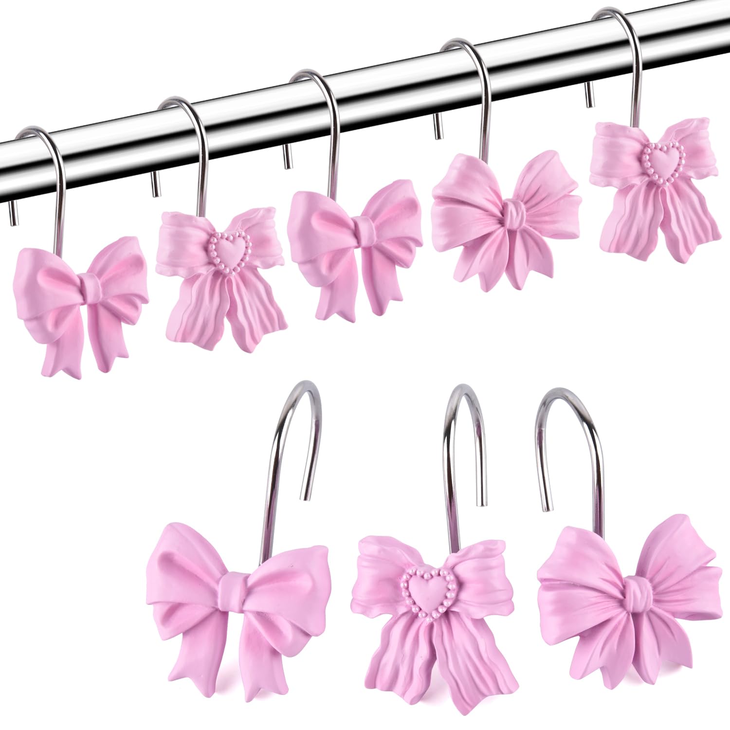 12PCS Pink Bow Knot Resin Shower Curtain Hooks & Rings - Waterproof Bathroom Accessories for Baby Nursery, Kids Room Decor (Perfect for Themed Bathrooms & Children's Bedroom Decorations)