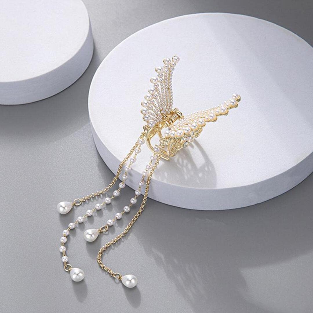 Korean Style Pearl Metal Hair Clutch - Golden Butterfly Hair Clip with Tassel for Women & Girls | Elegant Hair Accessories for Parties, Weddings & Everyday Wear (1 Piece)