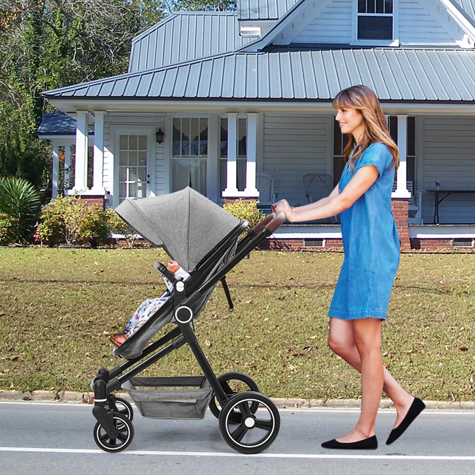 GAOMON 2-in-1 Baby Stroller with Reversible Bassinet | Adjustable Backrest & Foldable Lightweight Design | Shock-Absorbing Aluminum Alloy Frame for Newborns & Infants (Light Gray) | Perfect for Park Walks, Shopping & Travel