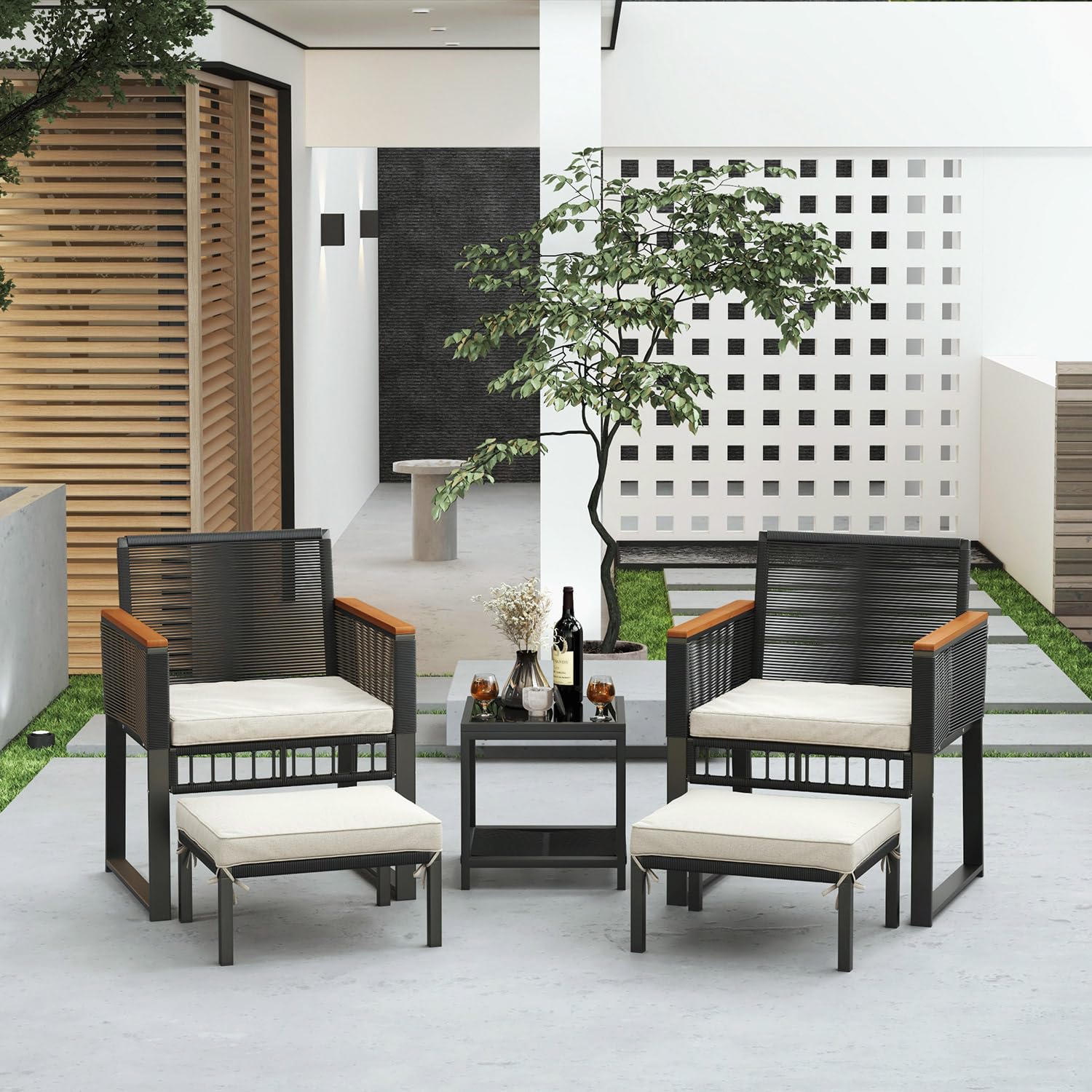 5-Piece Outdoor Patio Furniture Set with Wicker Chairs, Coffee Table & Ottoman - Durable Rattan Conversation Set for Porch, Balcony, Backyard, Poolside Relaxation | Perfect for Outdoor Entertaining & Lounging