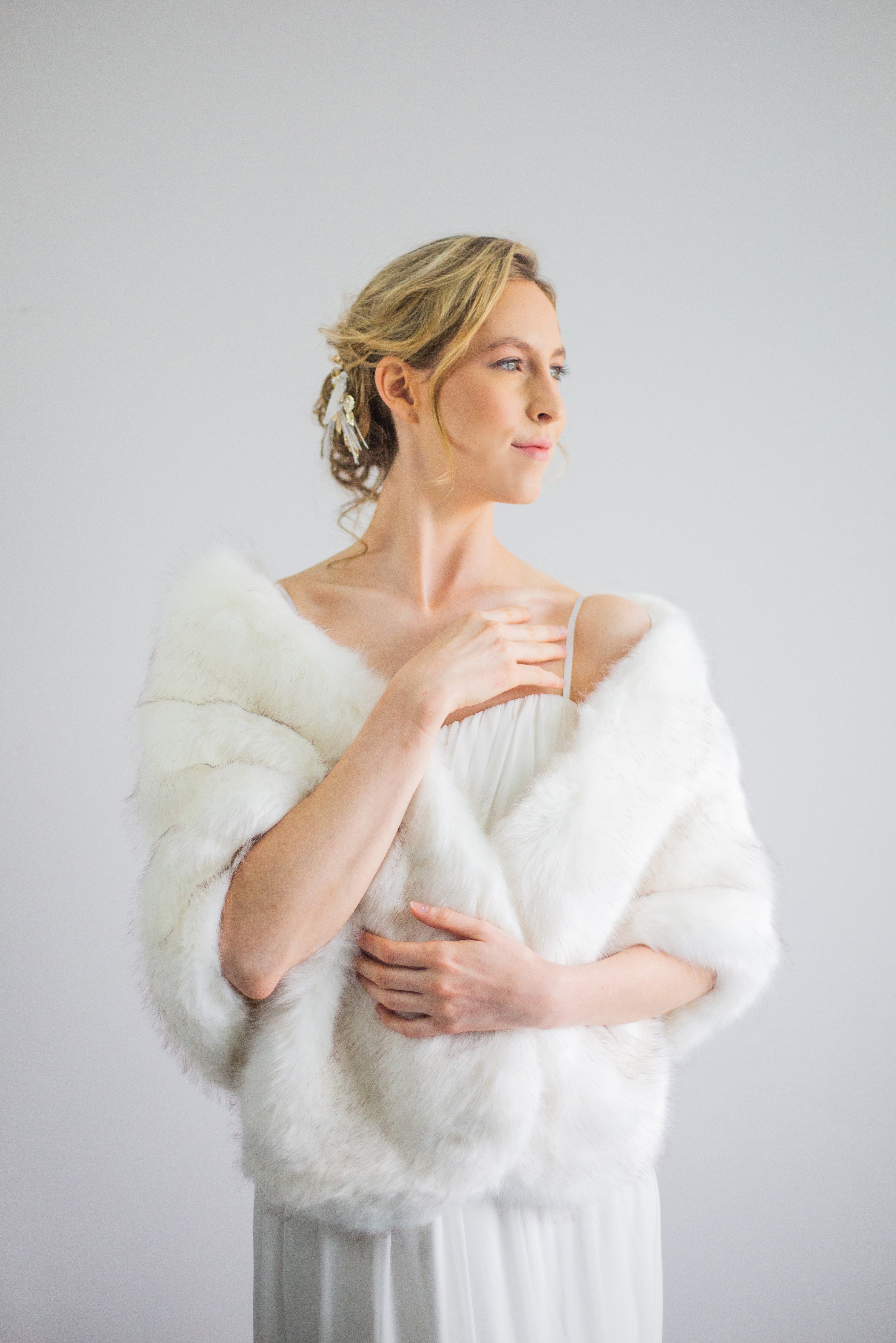 Ivory and Black Fur Shawl with Butterfly Design (Wht03) - Elegant Winter Wrap for Women, Perfect for Parties, Weddings, and Evening Events