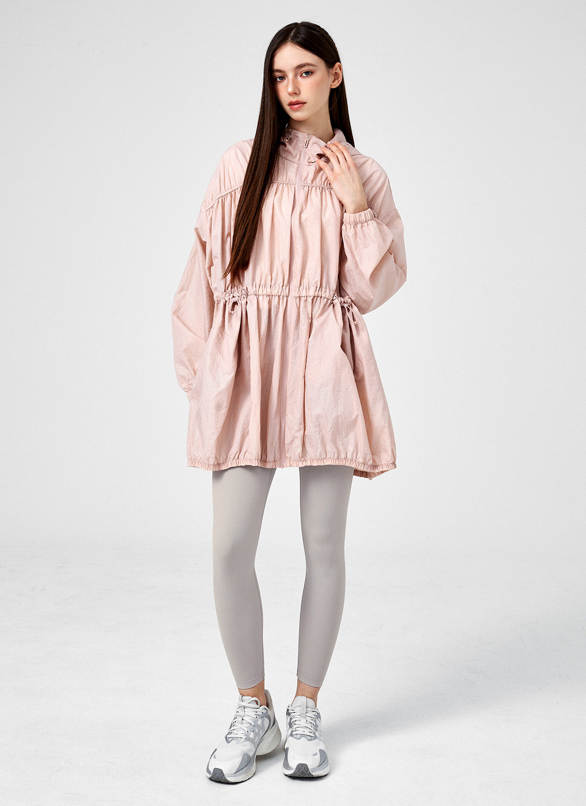 Stylish Airy Balloon Shirring Hood Long Jacket for Women - Lightweight Outerwear for Spring & Fall - Perfect for Casual Outings, Travel, and Layering