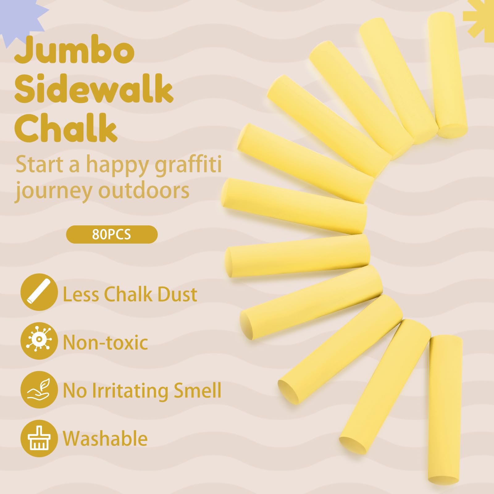 Fulmoon 80 Pcs Jumbo Sidewalk Chalk Bulk - Large Outdoor Washable Chalk for Kids, Toddlers & Adults - Non-Toxic Art Drawing & Painting Supplies - Perfect for Street Art, Classroom Activities & Christmas Gifts (Yellow)