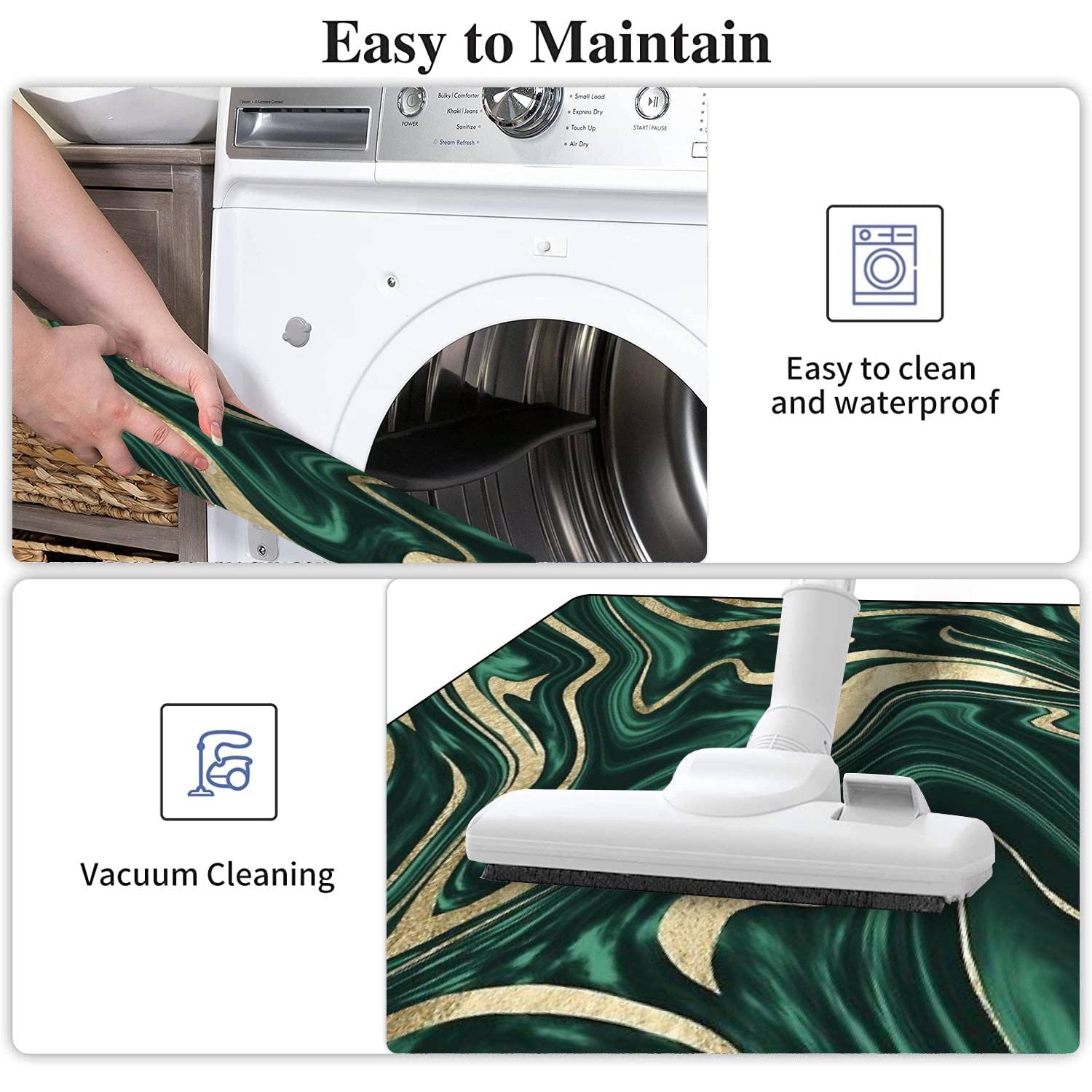 Emerald Green Black Gold Marble Kitchen Rugs Set - Non-Slip Washable Floor Mat, Runner & Doormat - Comfort Standing Mats for Kitchen, Bathroom Decor - Perfect for Home, Office & High-Traffic Areas