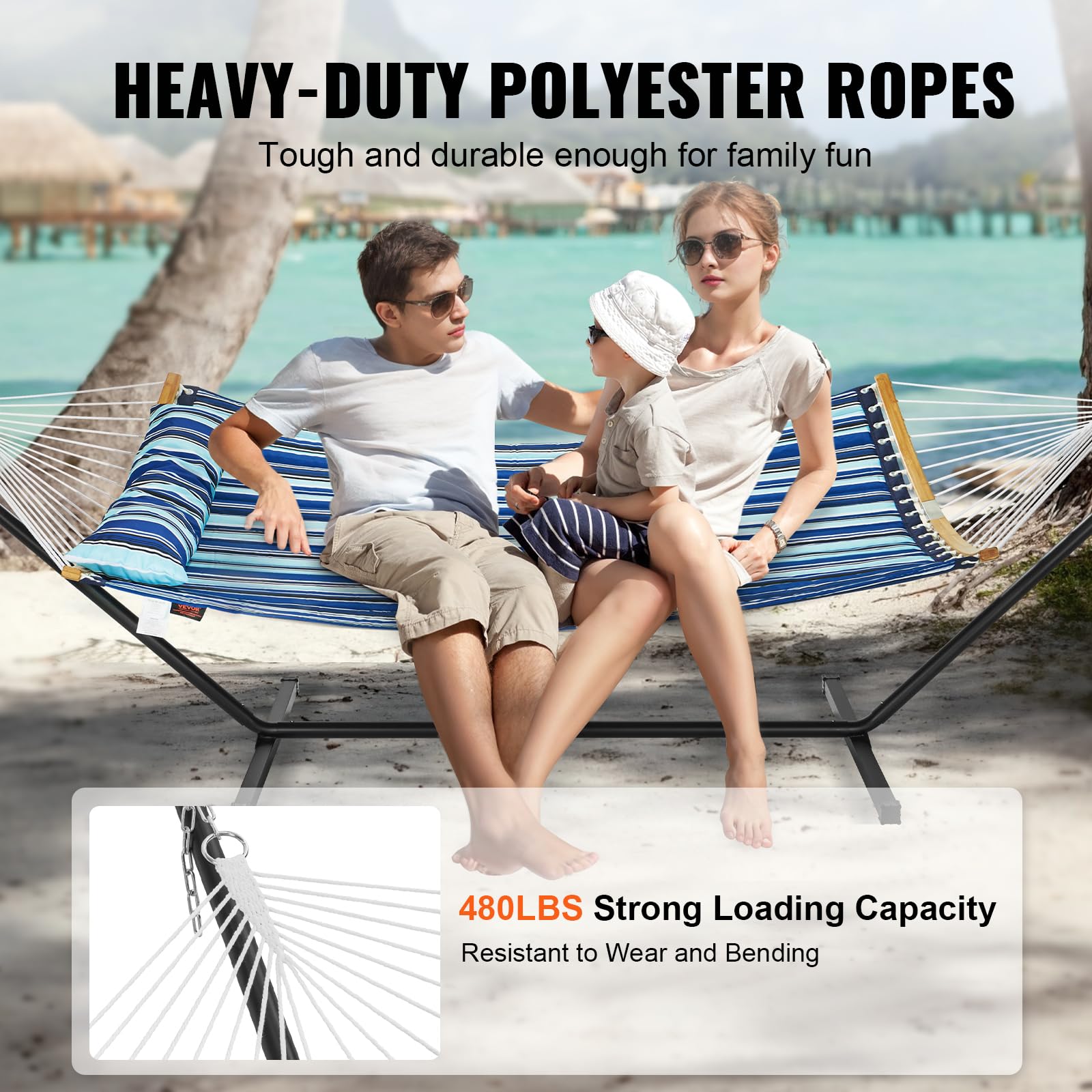VEVOR Heavy Duty 480lbs Capacity 2-Person Curved-Bar Hammock with Stand - Includes Pillow & Carrying Bag - Free Standing Outdoor Hammock for Patio, Garden, Beach, Backyard Relaxation & Camping